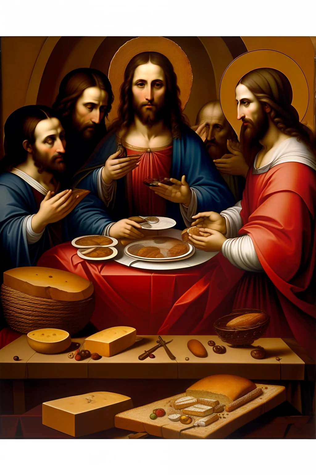 criar pintura realista, Renascimento, ano 1654, Christ Preaching to the 12 Apostles, Table with bread and wine, last supper, estilo leonardo da vinci
