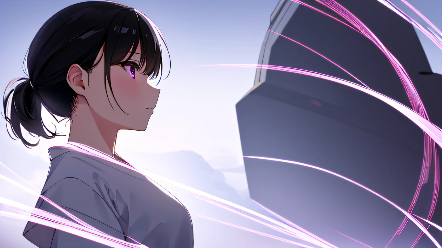 masterpiece, high quality, 8k, beautiful lighting, doga kobo, anime scene, profile, 1girl, hashimoto_mai, black hair, very short ponytail hair, small to medium breast, purple eyes, white soft clothes with pink lines, looking at viewer, eye contact, innocent face, outlet