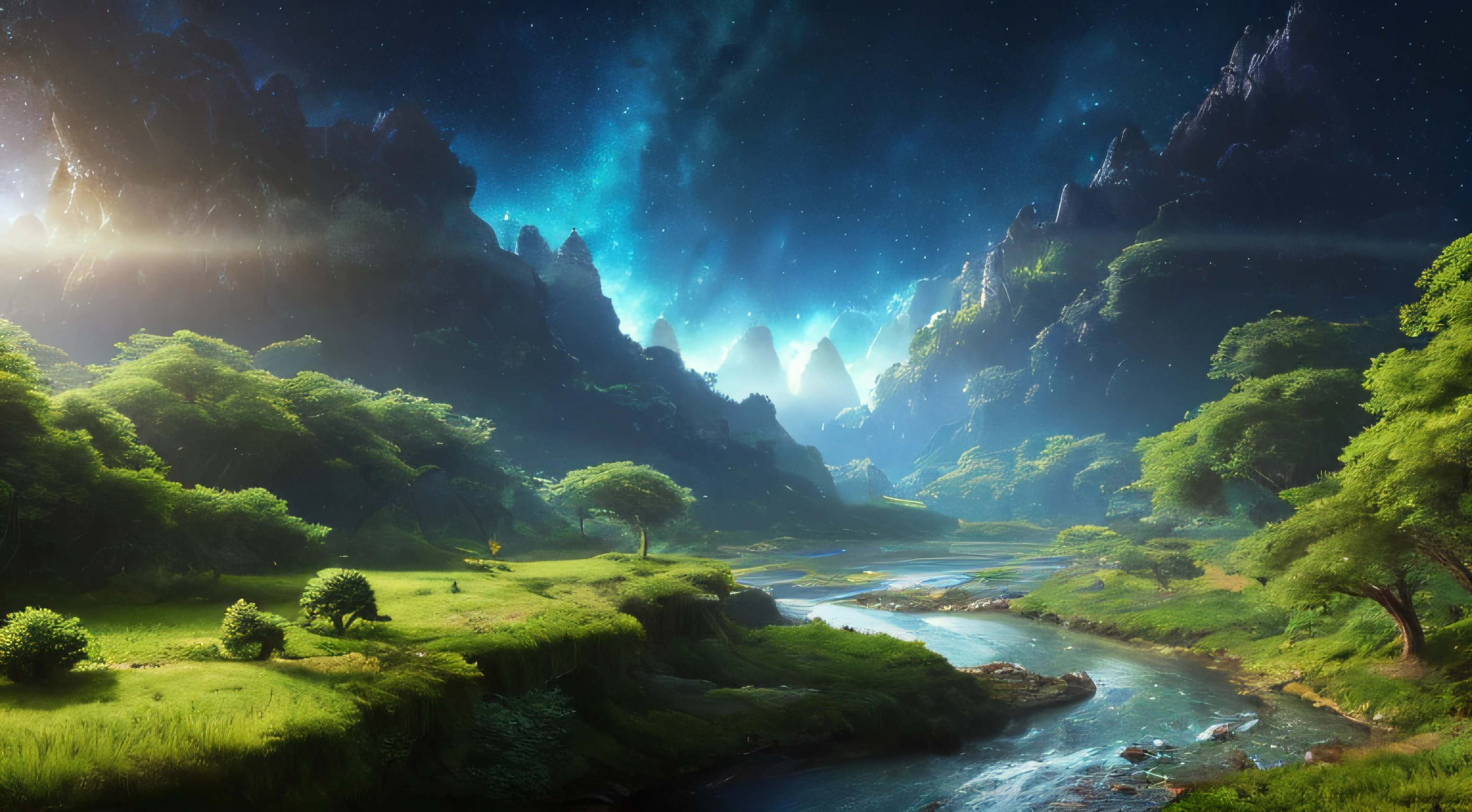 Illustration of a hyperrealistic , otherworldly, ultrasky scene,very detailed and magical lighting, vegetation and river around, solarpunk ,landscape, beatifull leafy with beautiful lighting and realistic proportions, as if it were a cinematic background, 8k, highest quality, masterpiece, clouds and stars in the sky.