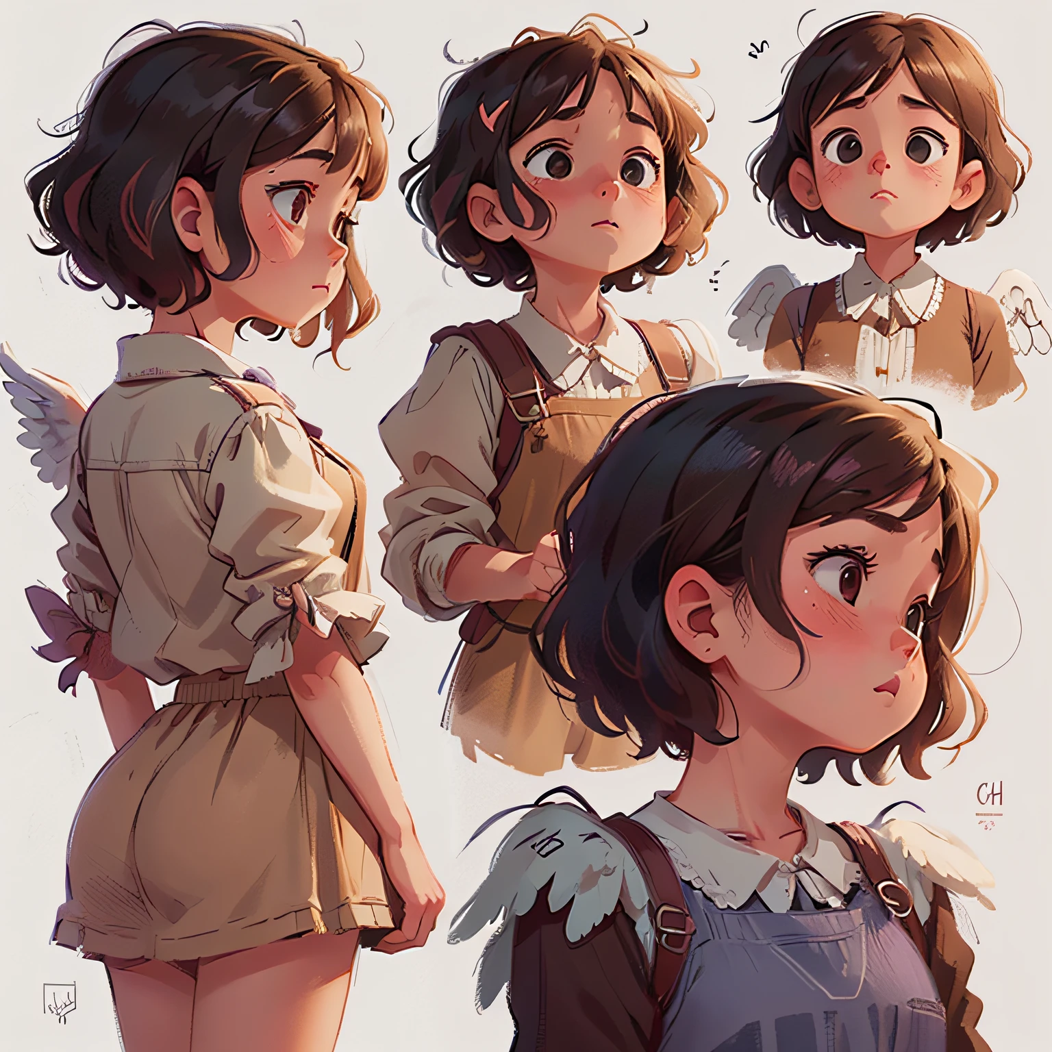 a girl with short curly hair,
((From several different angles))
from opposite, From behind, from the profile,
different angels, in the style of childreb book charecter, charecter sheet, white background, adjective + object, character sheet, children book character, white background