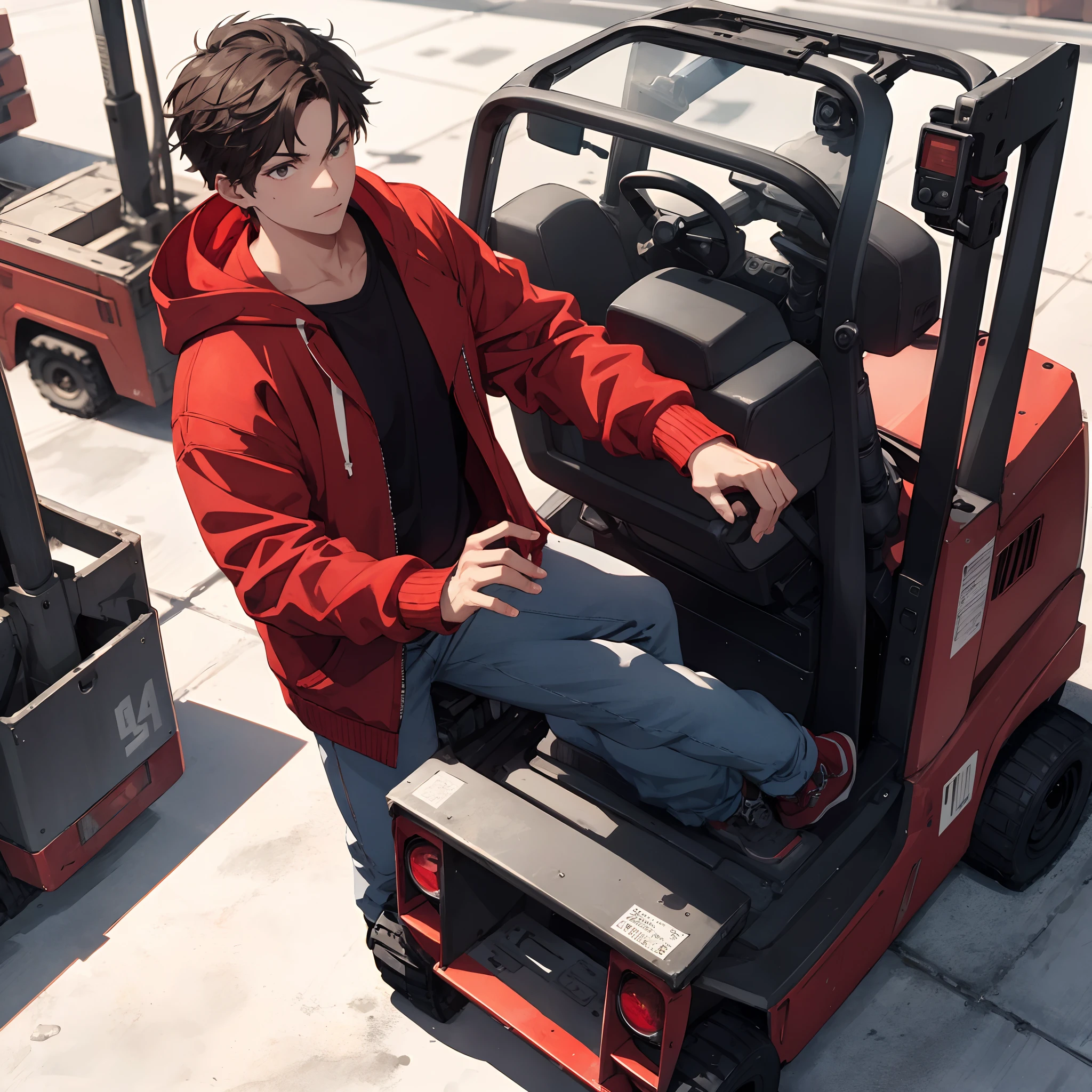 boy,Wear a red sweater with a hood.,Drive a forklift