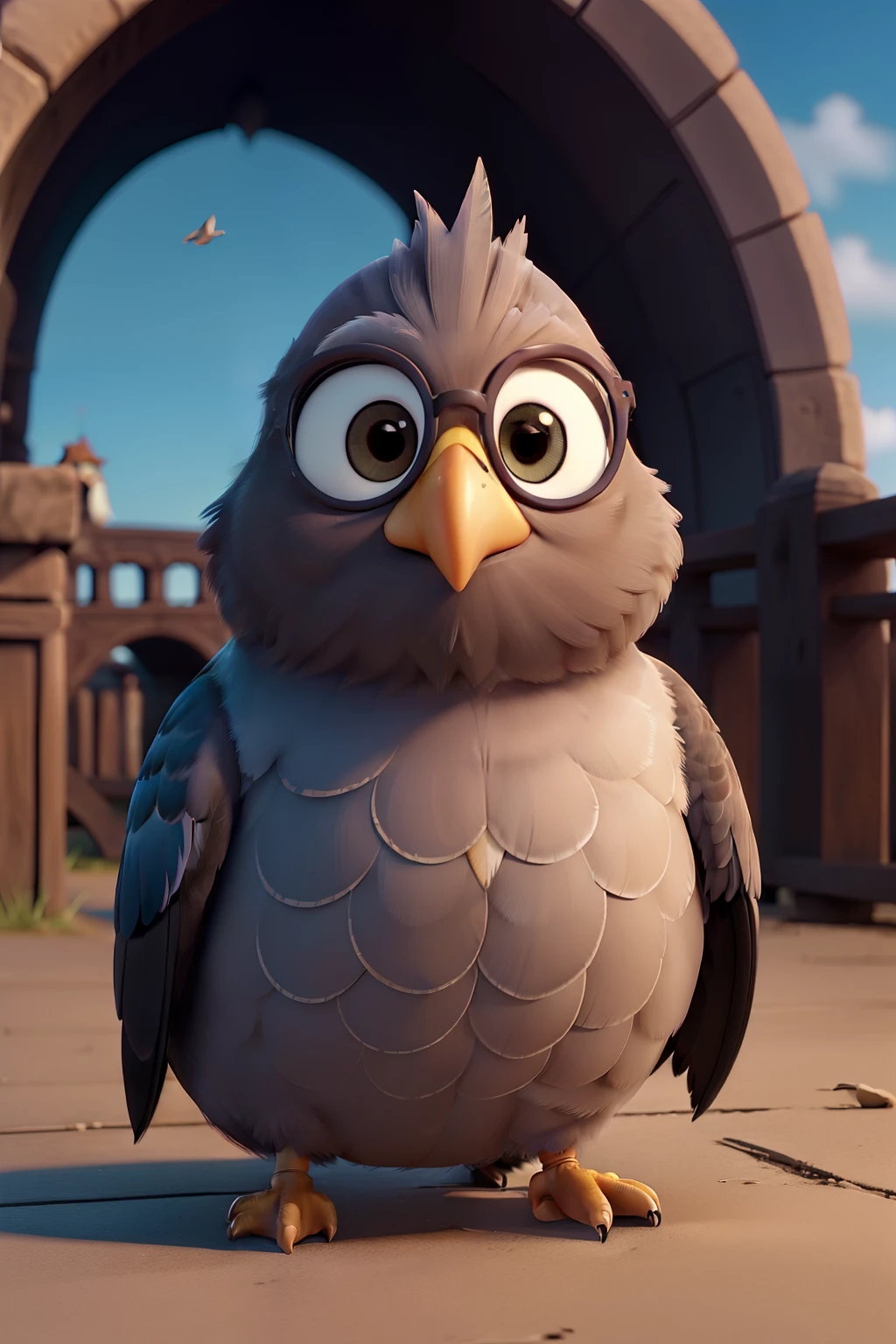 this is a bird, a slightly pudgy pigeon with dark, sleek feathers and a perpetually worried look. His small, round glasses sit on the bridge of his beak. furrowed brows, reflecting his anxious nature and tendency to overthink.