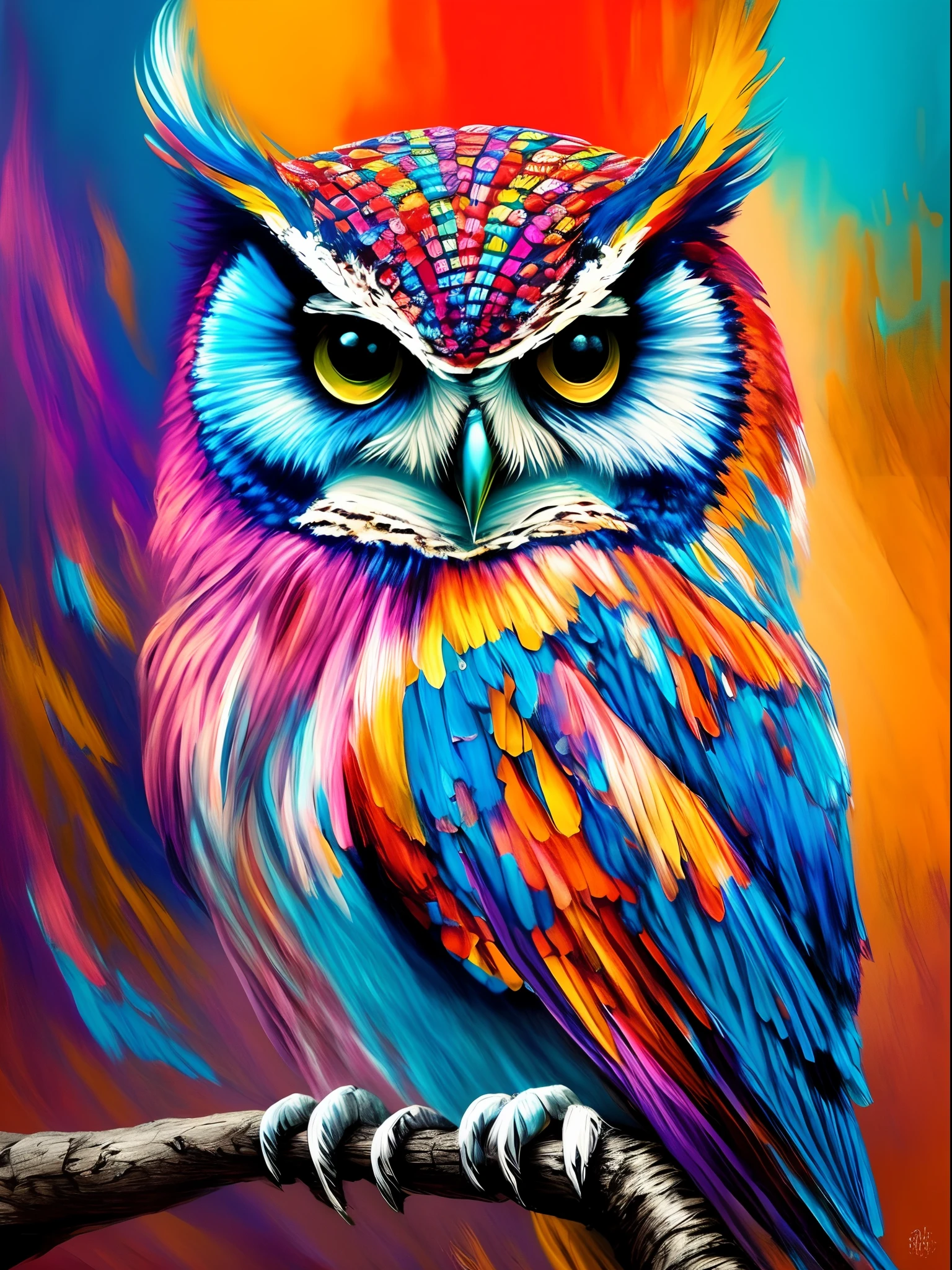 Brightly colored owl sitting on a branch with bits of paint, Arte de Alessandro Pautasso, lleno de colores y ricos detalles, Radiant owl, colores brillantes muy detallados, Hermoso arte UHD 4 K, Colores de alto detalle, pintado en acuarelas brillantes, lleno de colores, Pintura detallada 4 K, colorido hiperdetallado, extremadamente colorido, Ilustraciones coloridas, Pintura colorida