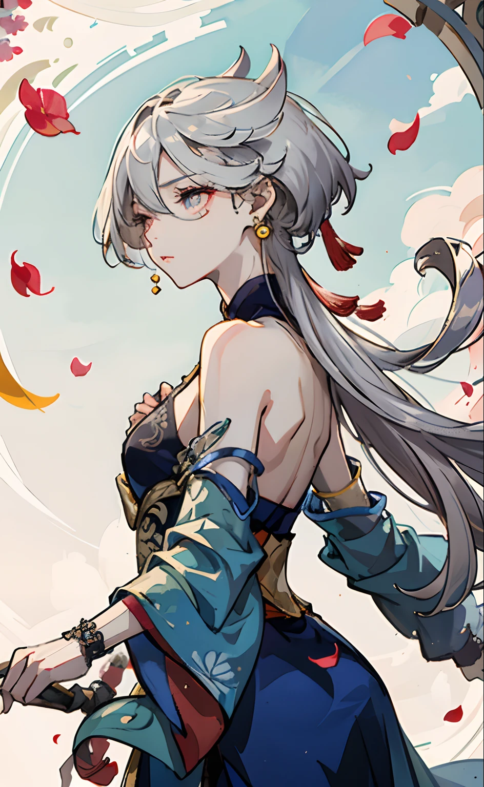 Mature girl, miorine, silver hair hair color, floating hair, delicate and flexible eyes, intricate damask hanfu, gorgeous accessories, wearing pearl earrings, fov, f/1.8, masterpiece, ancient Chinese architecture, blue sky, flower petals flying, front portrait shot, Chang'e, side lighting, sunlight on people, 8K, (moderate breast:0.9, side boobs:0.8, cleavages)