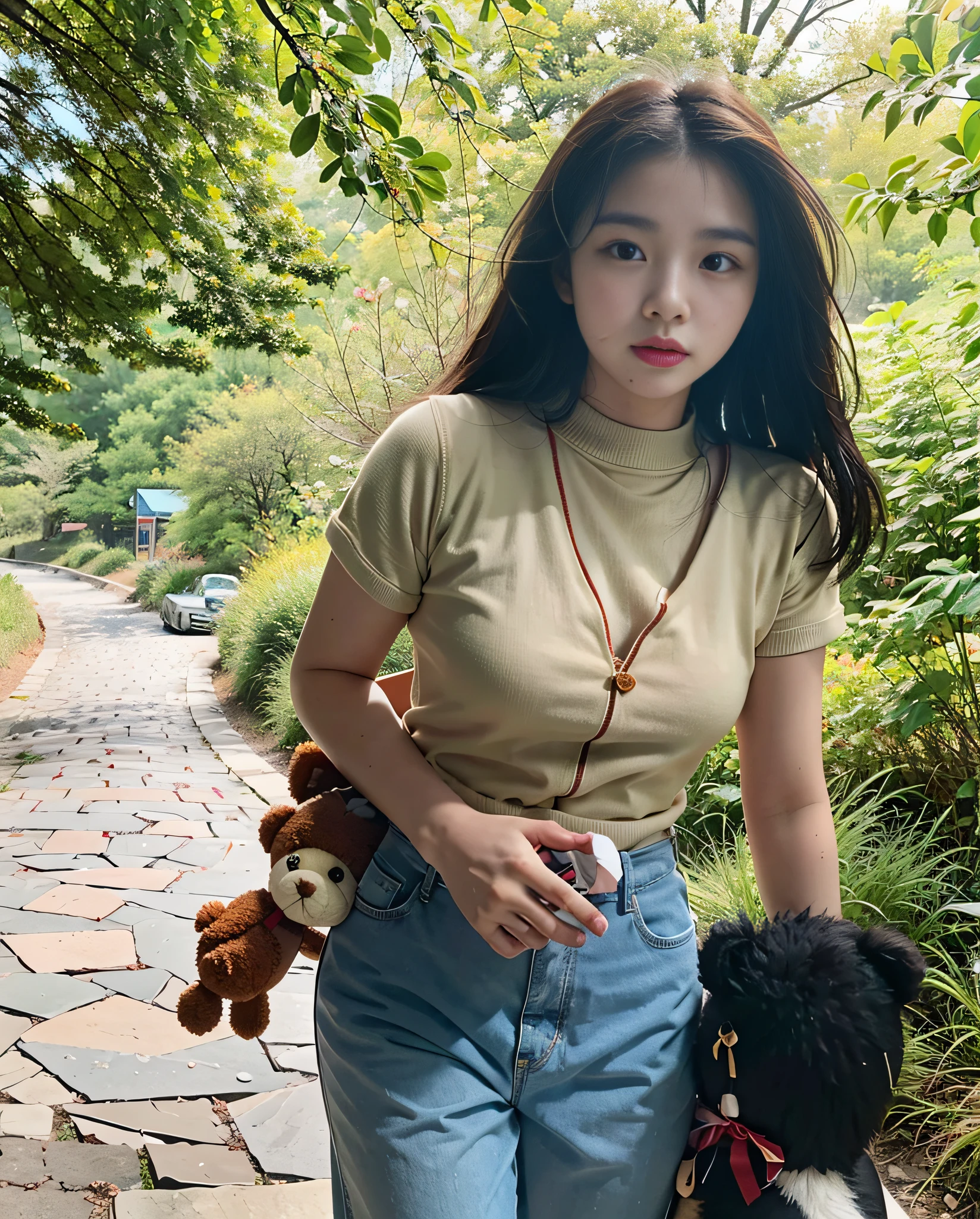 There was a woman walking down the road with a teddy bear, xintong chen, 18 years old, 2 , A young Asian woman, Chinese girl, 2 8 years old old, 21 years ars old, 19-year-old girl, xi6 years old,yellow-tops,golden hair