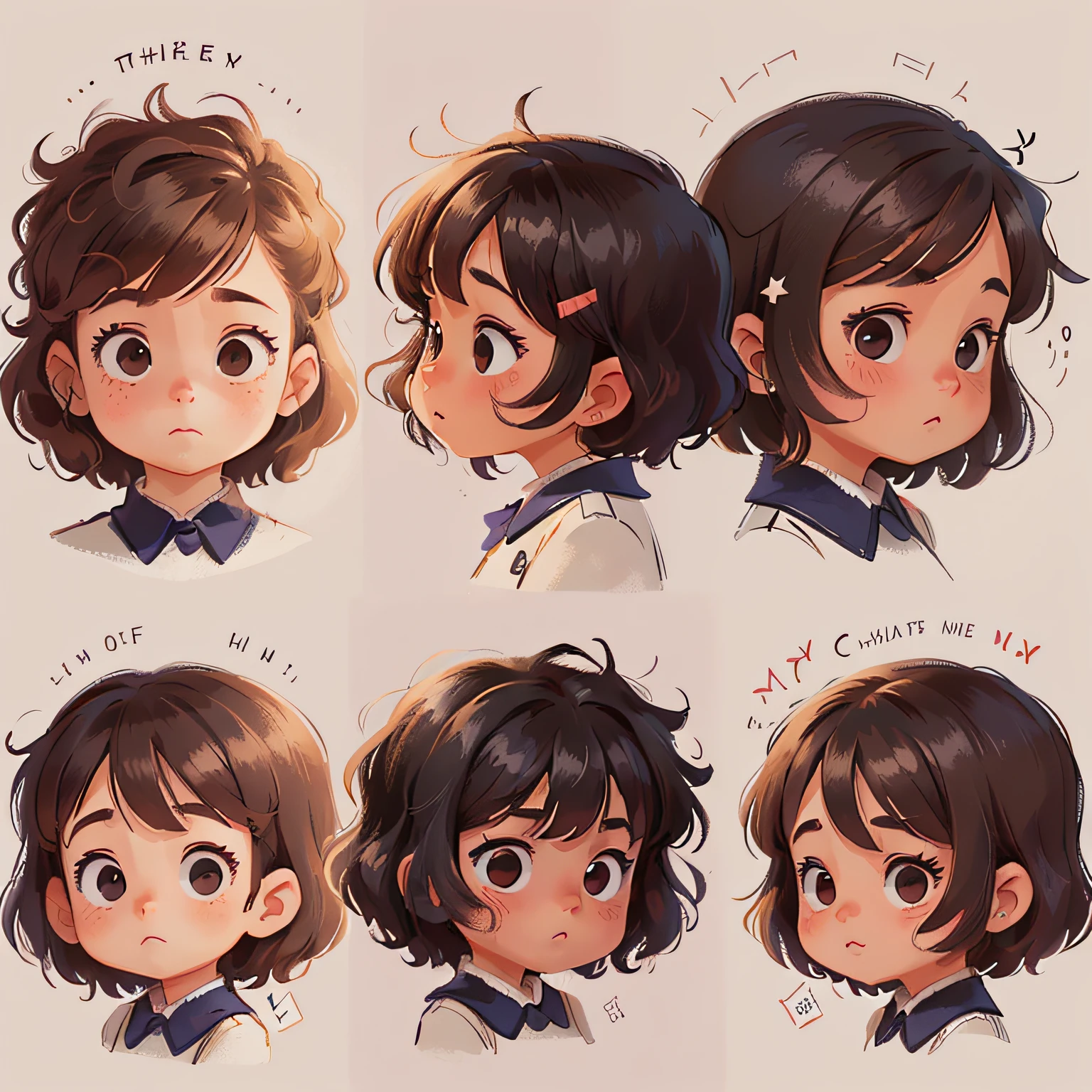 a girl with short curly hair,
((From several different angles))
from opposite, From behind, from the profile,
 different angels, in the style of childreb book charecter, charecter sheet, white background, adjective + object, character sheet, children book character, white background