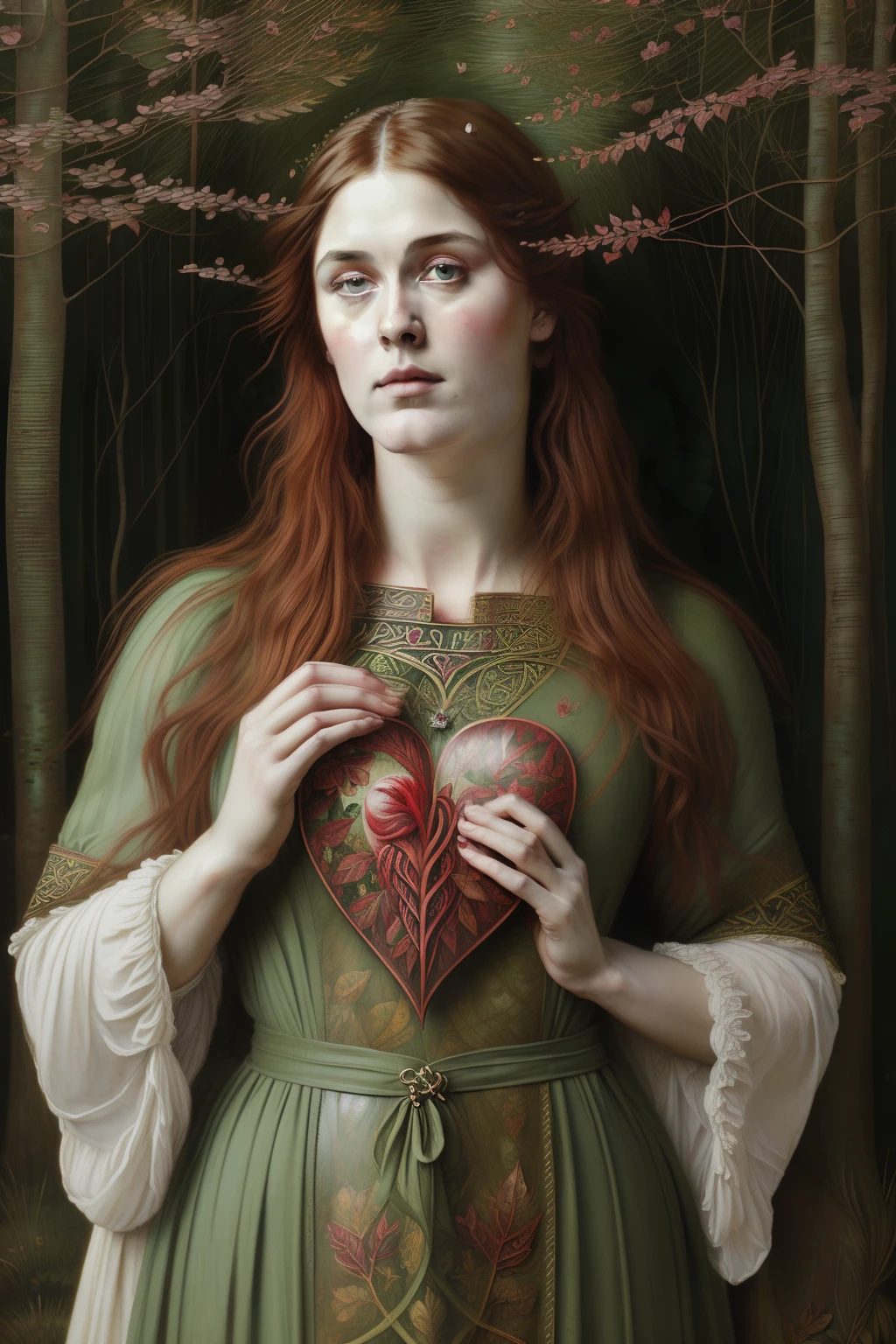 (((Pre-Raphaelite painting of a heart bleeding with devotion, It is covered by alder leaves in a Celtic landscape)))