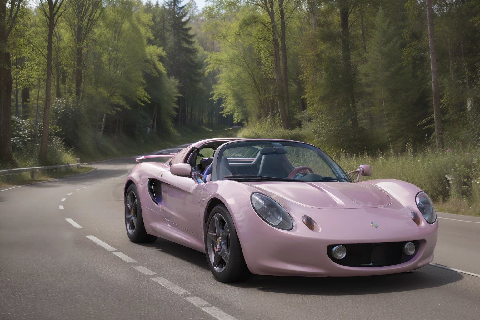 Gorgeously rendered 4k high-definition nighttime photograph of a hyper-realistic light purple 99elise speeding through a narrow opening in a dark dense forest, light purple vehicle, girly decored, HDR, sharp focus, from the front, showcase