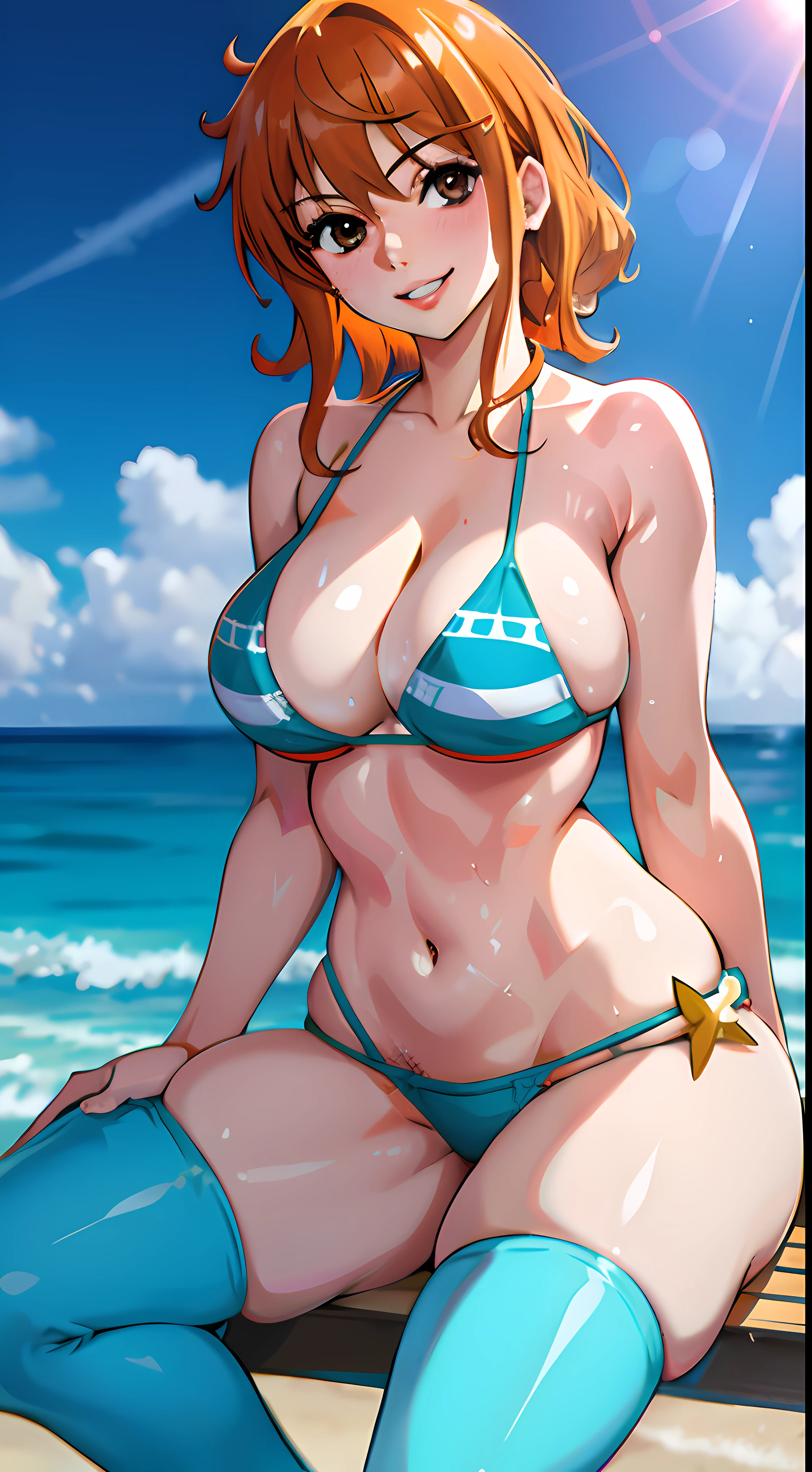 Nami, 1girl,(perfect anatomy:1.4), areola slip, arms behind back, curly hair, beach, bikini, black eyes, blue sky, breasts, cleavage, covered , curvy,red lipstick,(milf),seductive smile,sexy:, day, (medium breasts:1.4), lips, looking at viewer, micro bikini, navel, ocean, outdoors, parted lips, sitting, skindentation, sky, solo, swimsuit, thick thighs, thighhighs, thighs, short hair, wet,( white bikini:1.2), orange hair, white thighhighs,realistic, (shiny skin:1.2),(masterpiece:1.4),(best quality:1.4),(shiny skin),realistic , pureerosface_v1