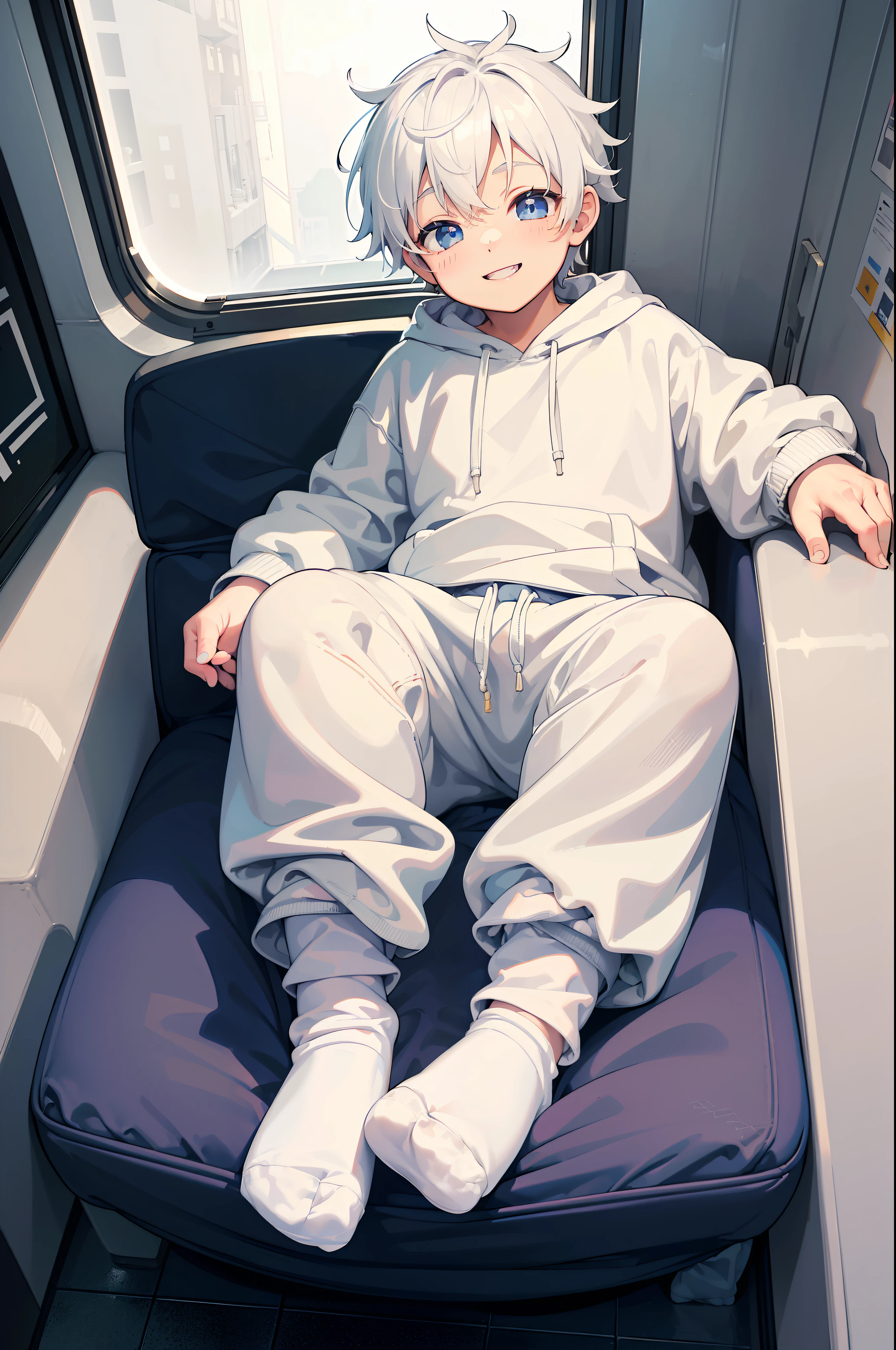 Masterpiece, chubby boy with white hair and shiny bright blue eyes and small socks wearing a hoodie, and oversized sweatpants sitting in a train, raining outside window, young, boy, child,l, toddsoft lit, (sweatpants:1.4), (undersized socks:1.4), (Boy:1.4), (Shota:1.4), (Young:1.4), (Male:1.4), (smiling:1.4), (foot:1.4), (shy:1.4), (pastel:1.0), (colors:1.0), (cute colors:1.0),
