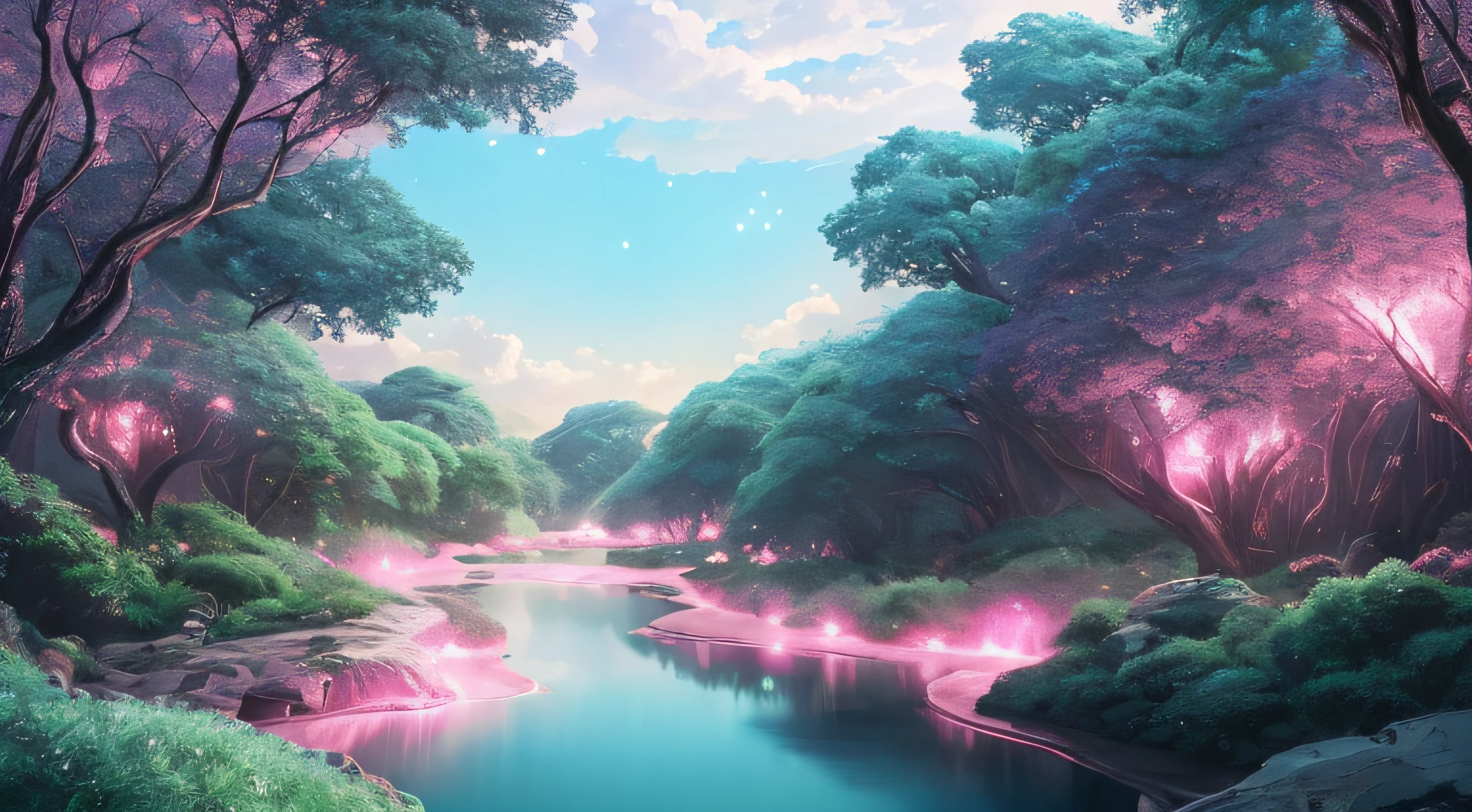 Illustration of a hyperrealistic , otherworldly, ultrasky scene,very detailed and magical pink lighting, vegetation and river around, solarpunk ,landscape, beatifull leafy with beautiful lighting and realistic proportions, as if it were a cinematic background, 8k, highest quality, masterpiece, clouds and stars in the sky.