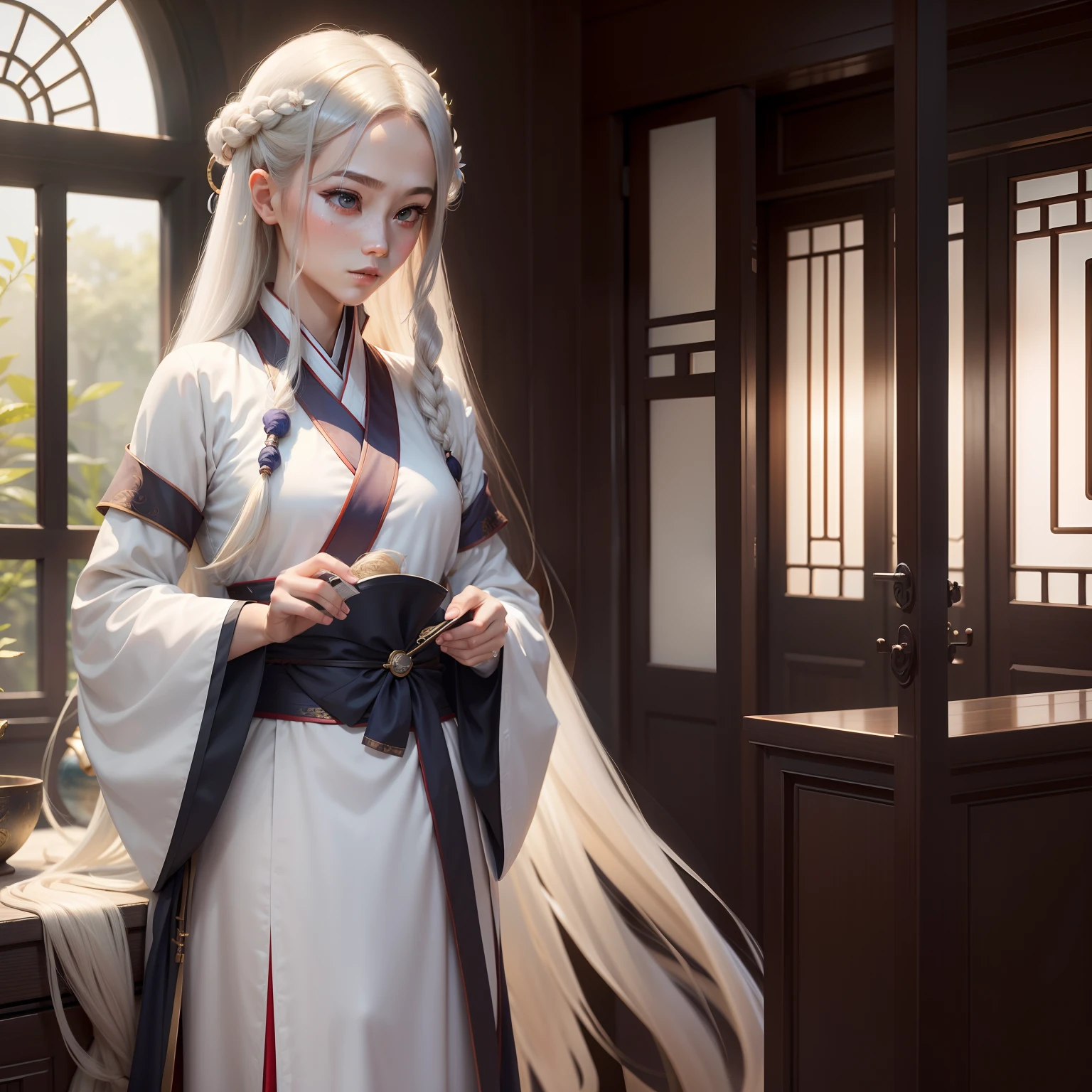 femele，tmasterpiece，best qualtiy，（realisticlying：1.4），A high resolution，long whitr hair，Inside the house
Han style，Hanfu，Hanfu，ssee-through，