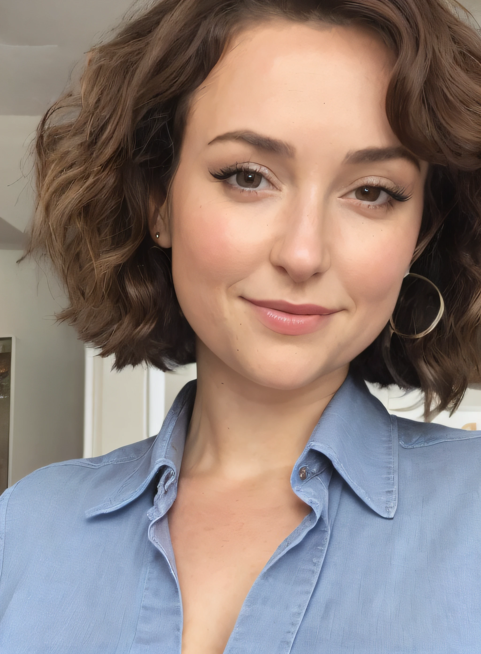 (closeup portrait) woman wearing blue button up shirt, facing viewer, beautiful woman medium hair, perfect face, in kitchen, large breasts, mlnvyntrb