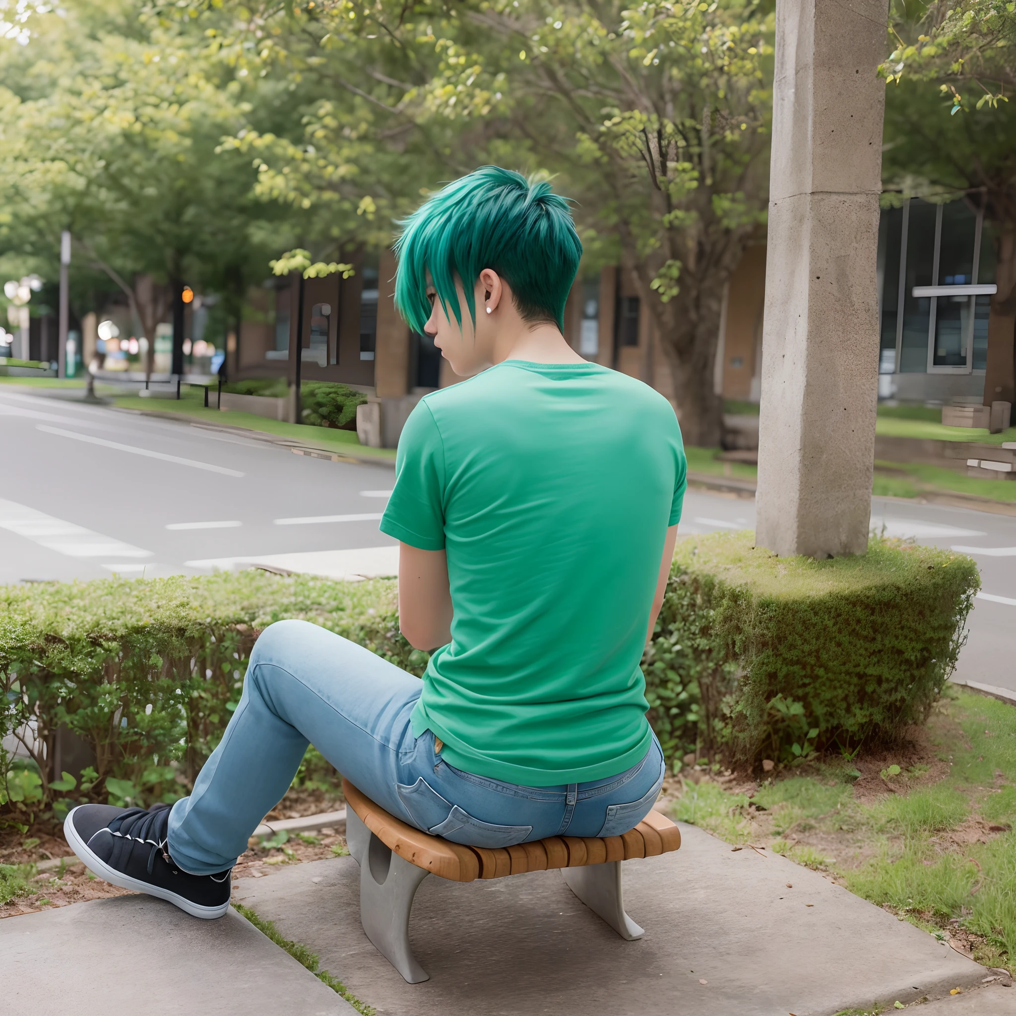 Back view of a 16-year-old emo boy, looking to the right, dyed bright blue-green hair, sitting on a stone bench chair, on a university campus, wearing a short-sleeved T-shirt and skinny jeans --auto --s2