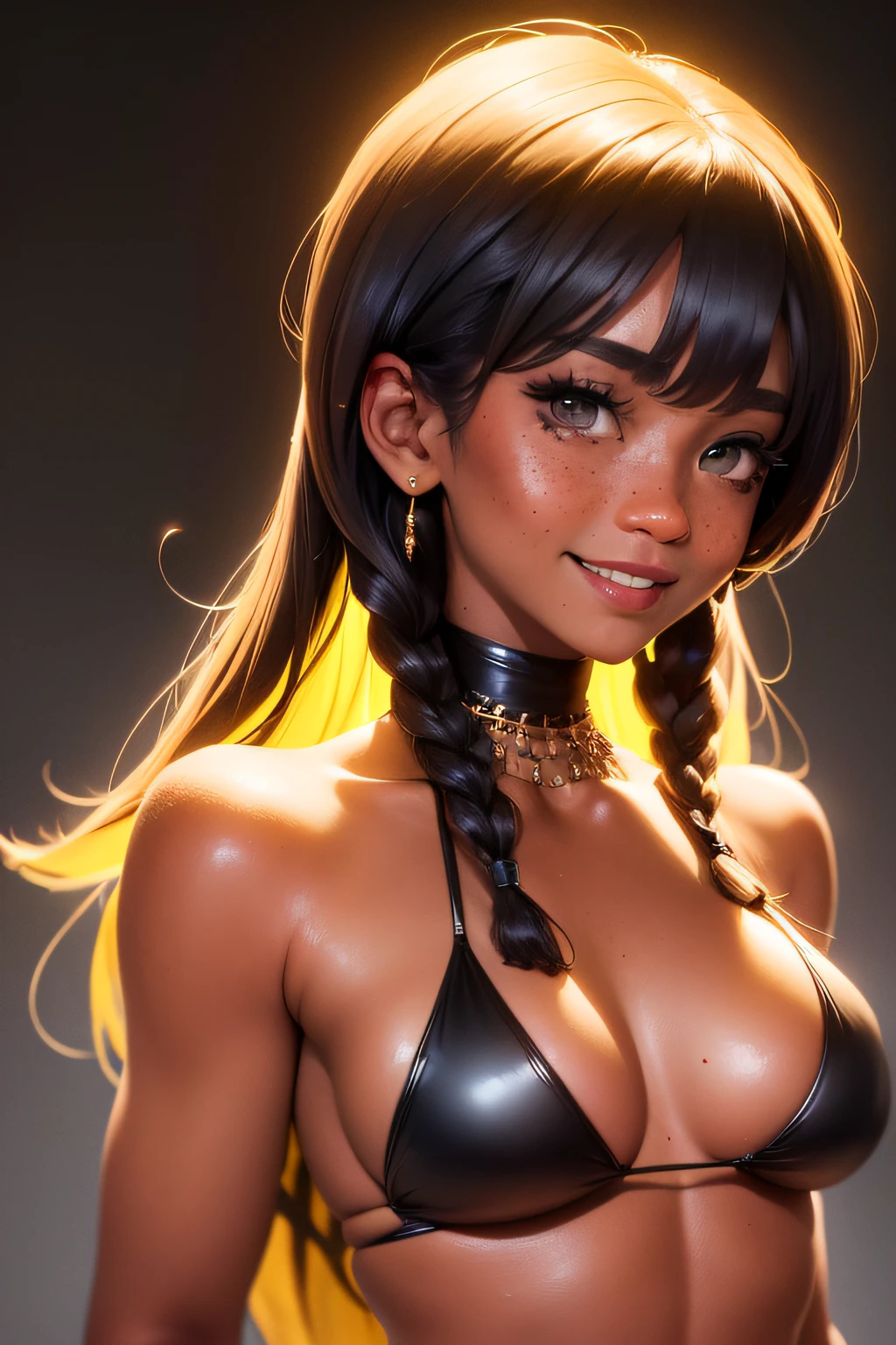 ((full body: 1.2)), ((dark skin: 1.2)), highres, masterpiece, perfect lighting, bloom, night, dark, cinematic lighting, adult, perfect skin, female, looking at viewer, portrait, upper body, simple background, black background, (RSEEmma:1.5),nude, naked, breasts, nipples, parted bangs, blue hair, freckles, very long hair, long braided, :), smile,