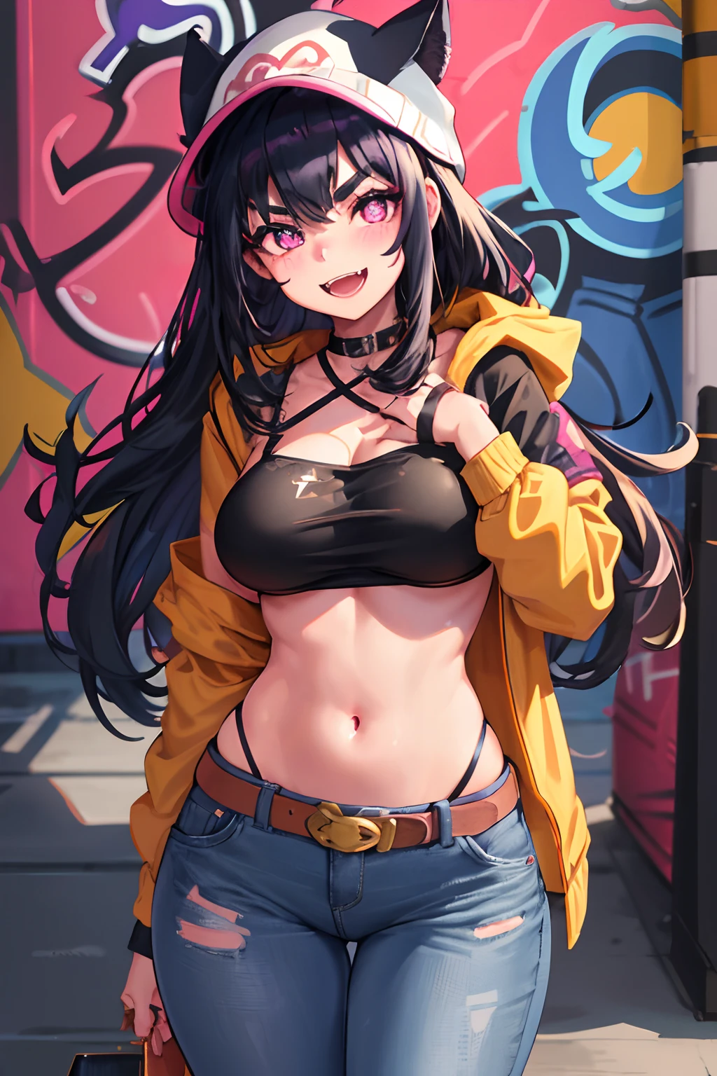 Original Character, Volumetric Lighting, Best Shadows, Shallow Depth of Field, Portrait Of Stunningly Beautiful Girl, Petite, Delicate Beautiful Attractive Face With Alluring purple Eyes, Messy Painted Face, Sharp Eyebrows, Broadly Smiling, Open Mouth, Fangs Out, Lovely Medium Breasts, Layered Long straight Black Hair, Blush Eyeshadow, Thick Eyelashes, Applejack Hat, Oversized Pop Jacket, Mini Underboob Tee, Open Navel, Slim Waist, Denim Jeans Pants, With Buckle Belt, In The Graffiti Alley, Waste Container, Outside Stairs, Outdoor Unit, Holding Spray Paint Can, Standing, (Highest Quality, Amazing Details:1.25), (Solo:1.3), Brilliant Colorful Paintings