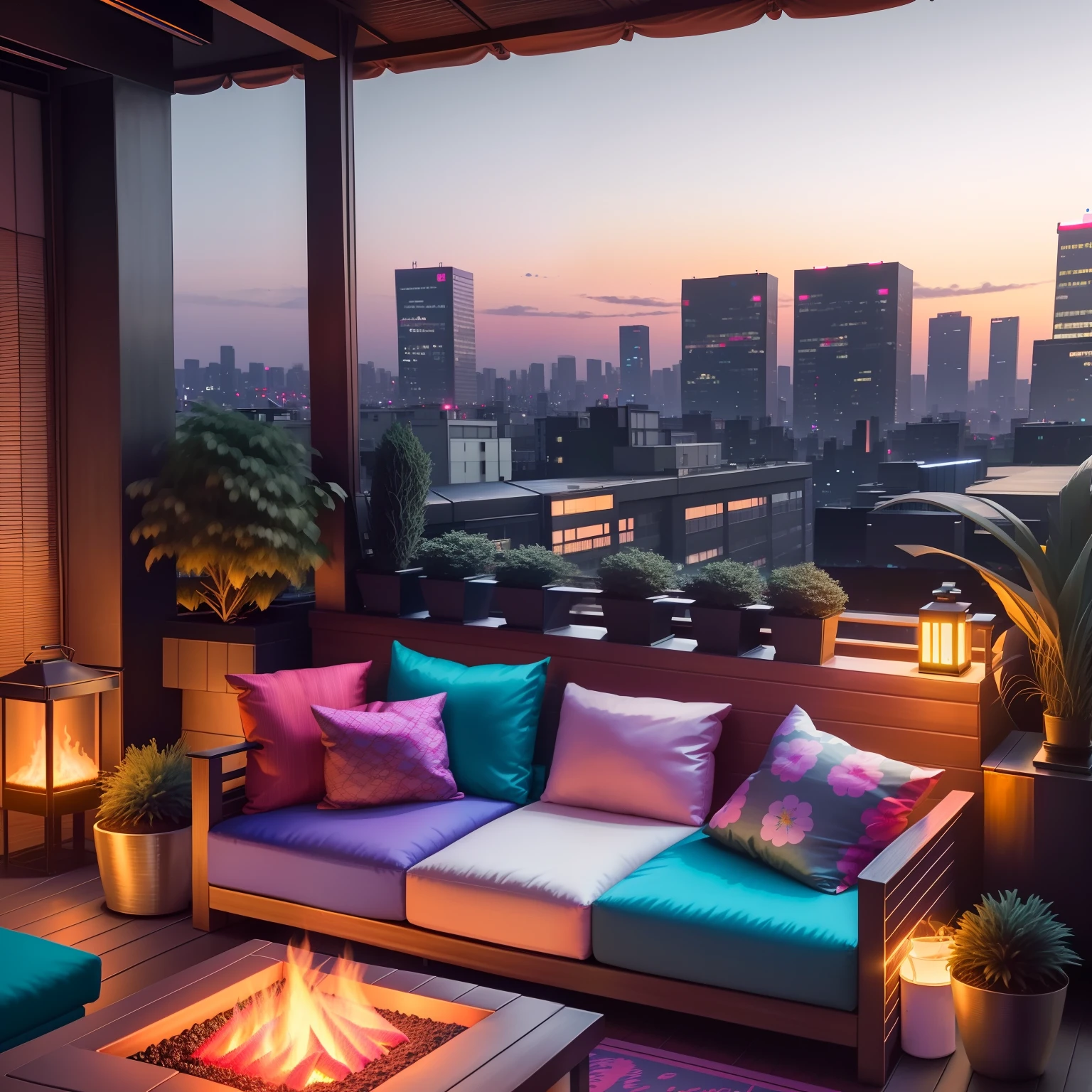 a brightly lit patio with a couch and a fire pit, set in tokyo rooftop, rooftop romantic, city rooftop, neon light rooftop, cozy place, chill time. good view, relaxing atmosphere, skyline view from a rooftop, cozy setting, cozy atmospheric, overlooking a modern city, on future tokyo night rooftop, sunset mood, relaxing environment, rooftop, rooftop party