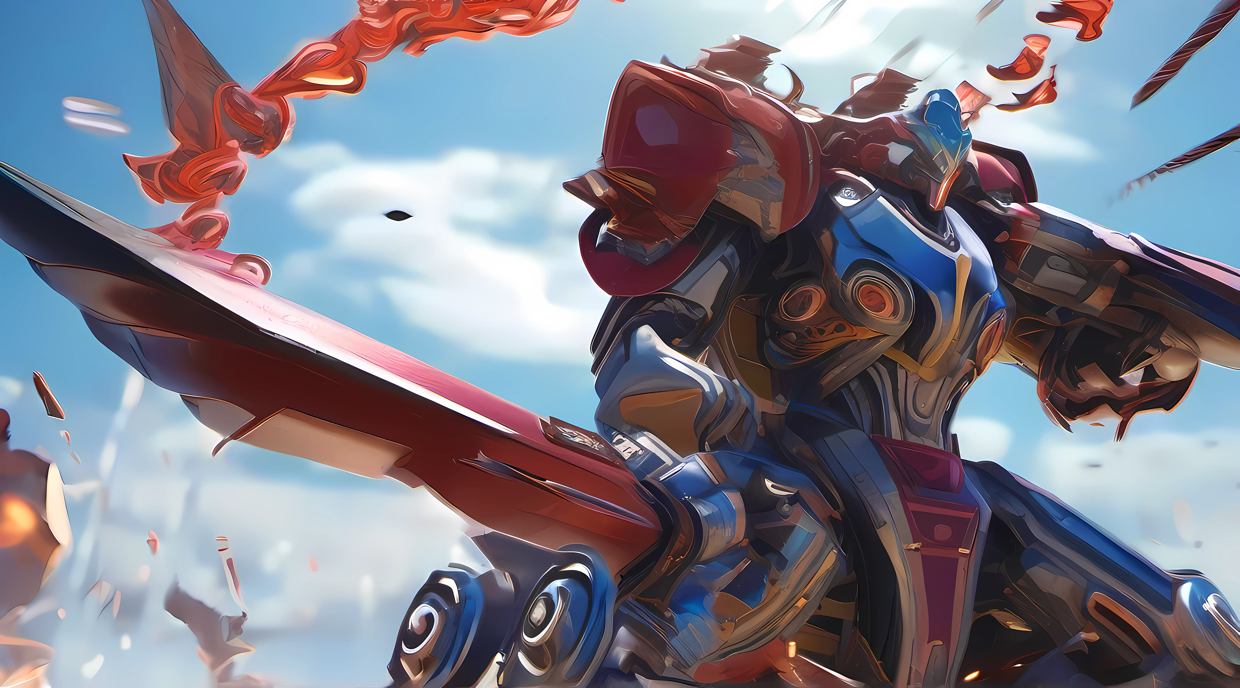 1 robot fighting monsters , olhos brilhantes, armadura brilhante, Mecha vermelho e azul \(mjstyle\) ,Zhongfenghua, Asas ((Cinematic lighting, chave alta, alto contraste, )) (Reflexivo , hard surface, omitir detalhes, ) smoke billowing, fire, Explosions,Energy Beams
Dynamic angle, dynamic pose , arma, (fotorrealista:1.5) profundidade de campo, sunny skies, luz solar forte, brilho da lente, league of legends,
Arte Oficial, Unity 8k papel de parede, ultra detalhado, Beautiful and Aesthetic, Realistic, (Arte Fractal), epic scene, Altas, (master part), (best quality), POV de baixo