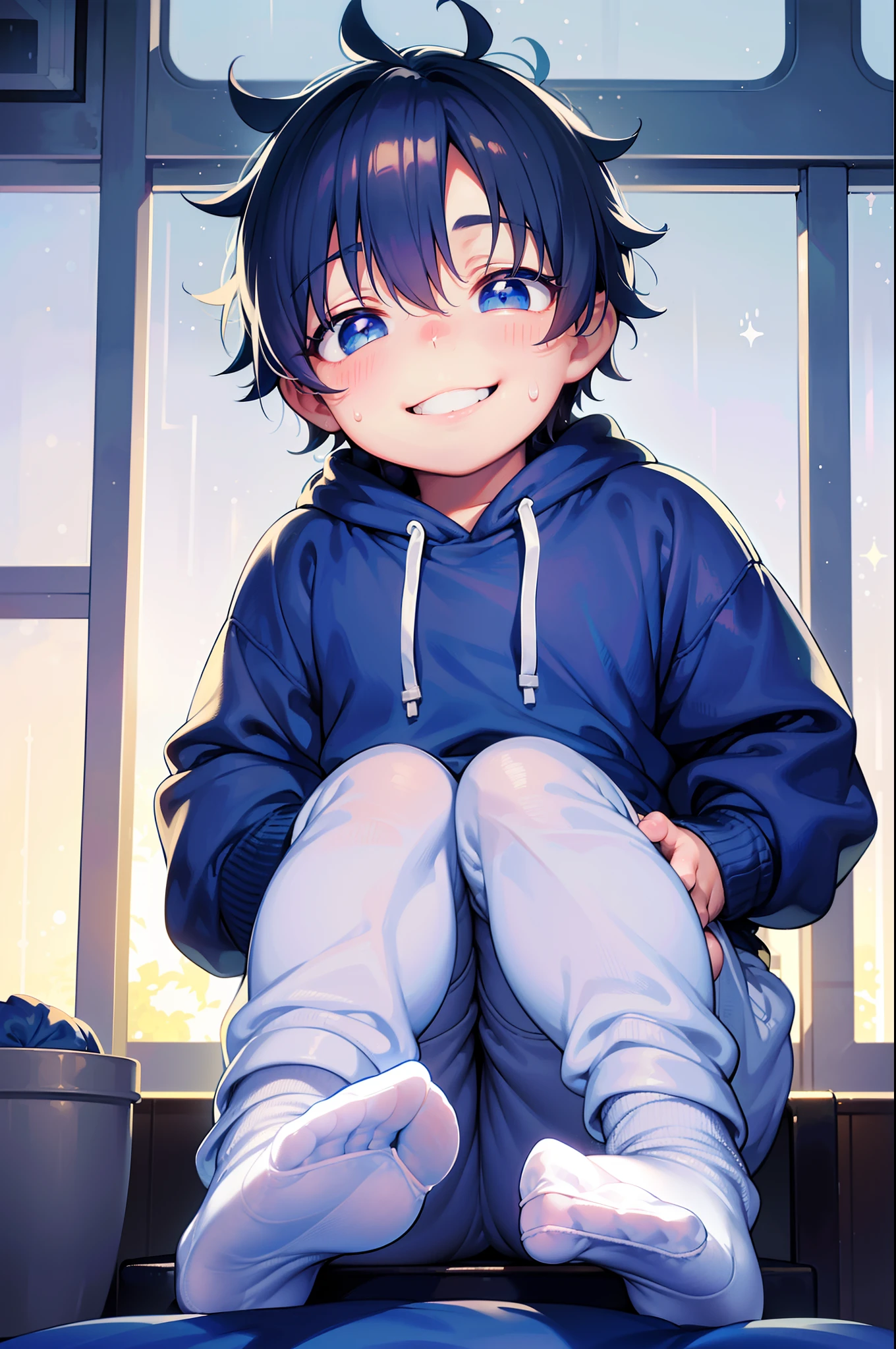 Masterpiece, chubby boy with white hair and shiny bright blue eyes and small socks wearing a hoodie, and oversized sweatpants sitting in a train, raining outside window, young, boy, child,l, toddsoft lit, (sweatpants:1.4), (undersized socks:1.4), (Boy:1.4), (Shota:1.4), (Young:1.4), (Male:1.4), (smiling:1.4), (foot:1.4), (shy:1.4), (pastel:1.0), (colors:1.0), (cute colors:1.0),
