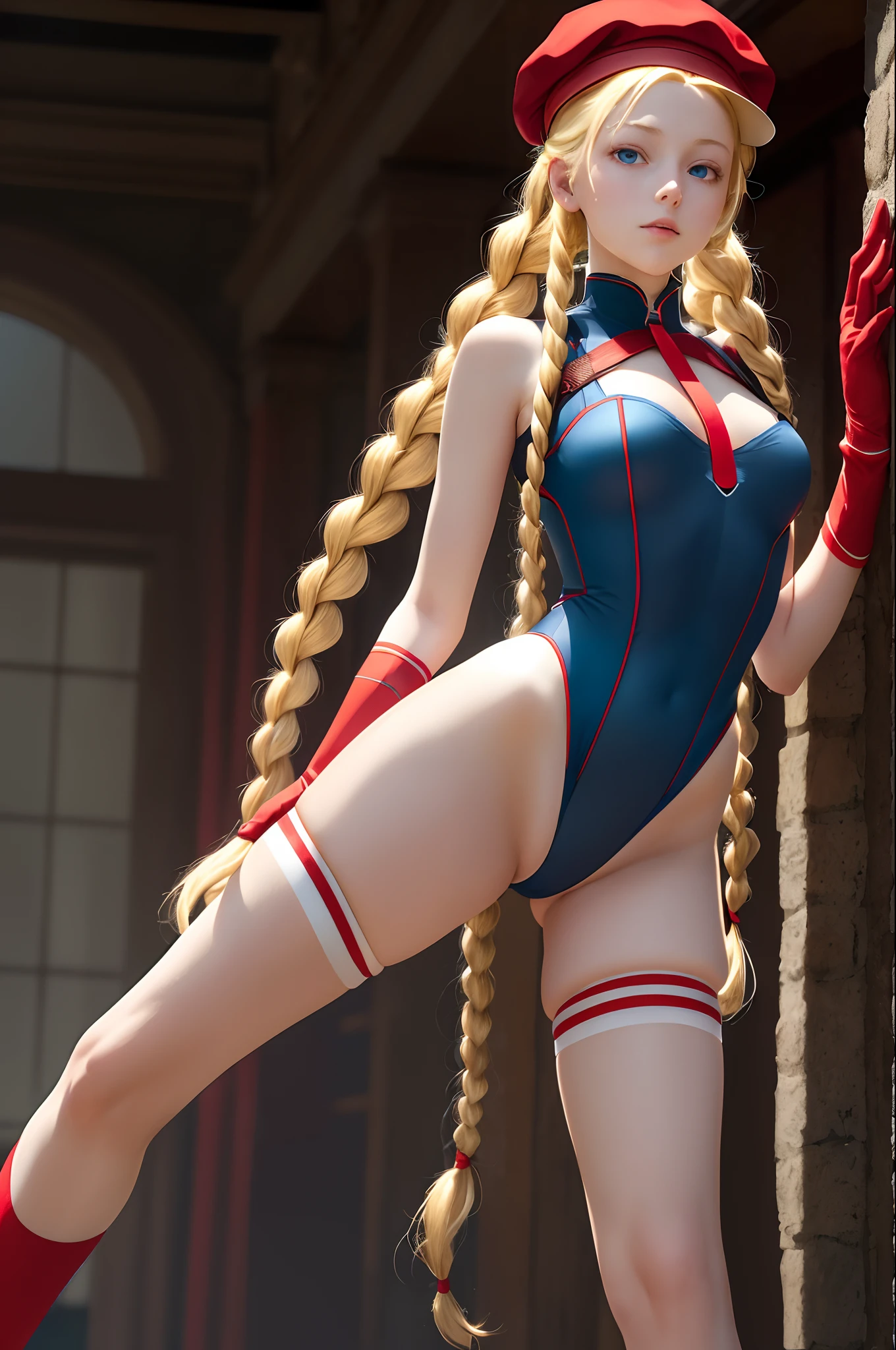 (best quality, masterpiece, perfect ligthing, bloom, cinematic lighting, twin long braids, red hat, open legs), cammy white, blue eyes, blonde hair, long hair, large hips, red headwear, green leotard, fingerless gloves, harness, thighs, red socks, black footwear, ahoge, looking at viewer,
