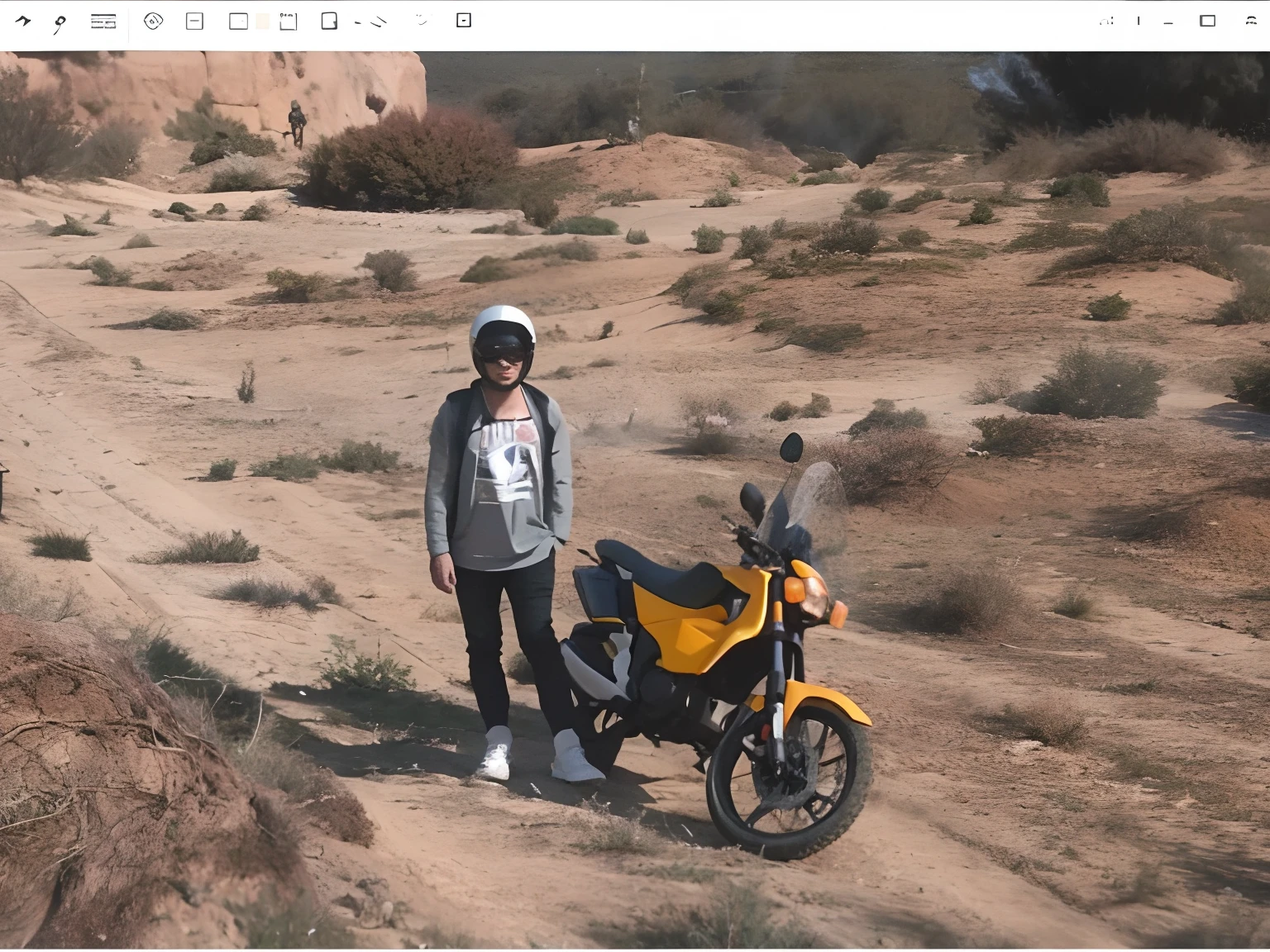 There was a man standing next to a motorcycle in the dirt, Moped, low quality footage, edited in photoshop, still from a music video, sitting on the motorcycle, riding a motorcycle, riding motorcycles, pc screen image, one motorbike in center of frame, rotoscoped, motorcycle, very very low quality picture, grainy footage, video still