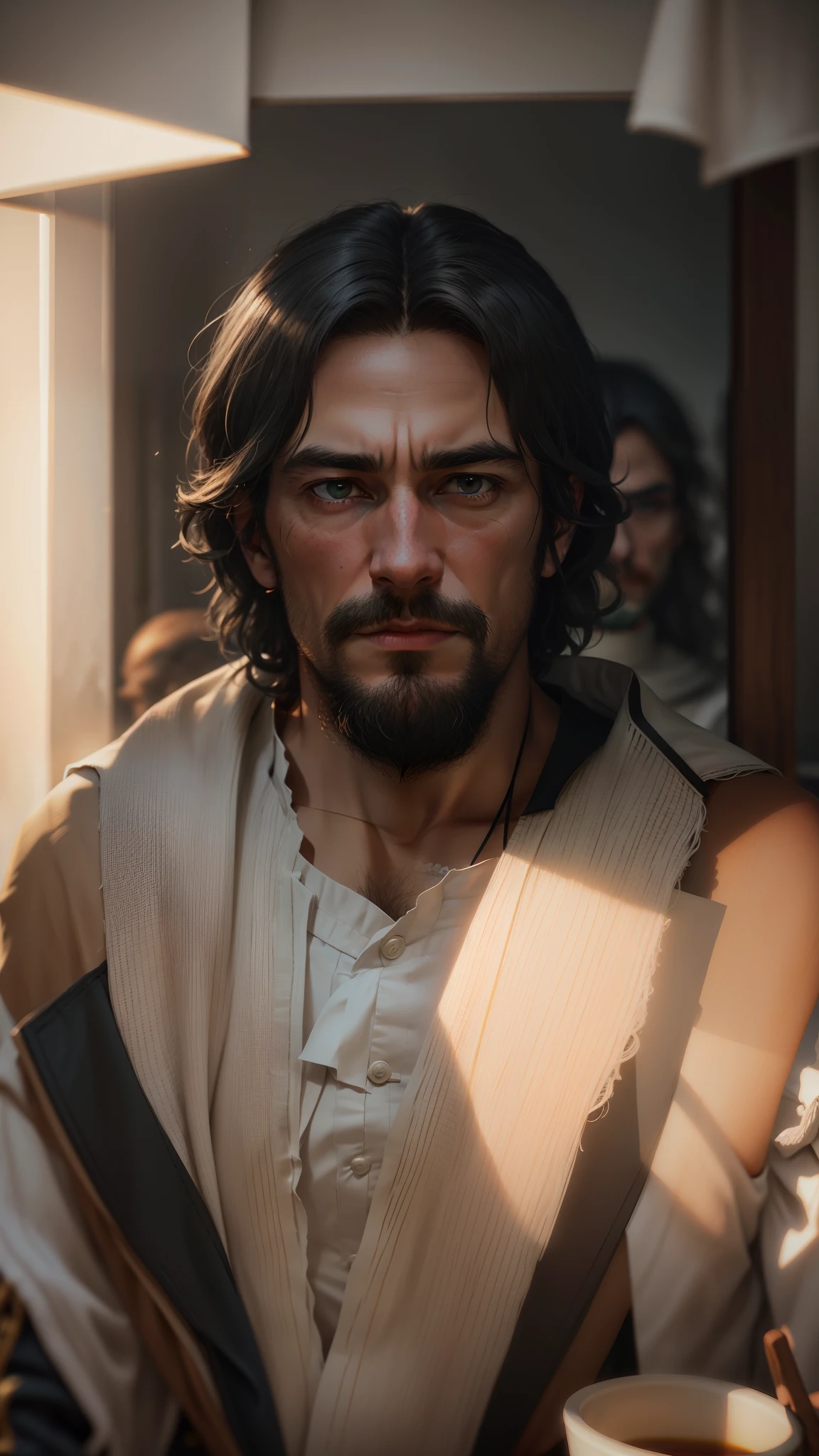 sir sage, cabelo branco. alto detalhe, realismo social, surrealismo, profundidade de campo, cinematic lighthing, chromatic aberration, desfocado, reflection light, ray tracing, artefatos jpeg, sombra, super detalhe, detalhes elevados, alta qualidade, melhor qualidade, 16k