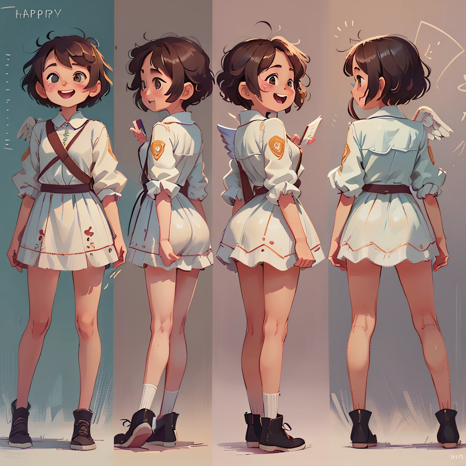 a girl with short curly hair, Happy
((From several different angles))
from opposite, From behind, from the profile,
 Full body,  different angels,
 in the style of childreb book charecter, charecter sheet, white background, adjective + object, character sheet, children book character, white background