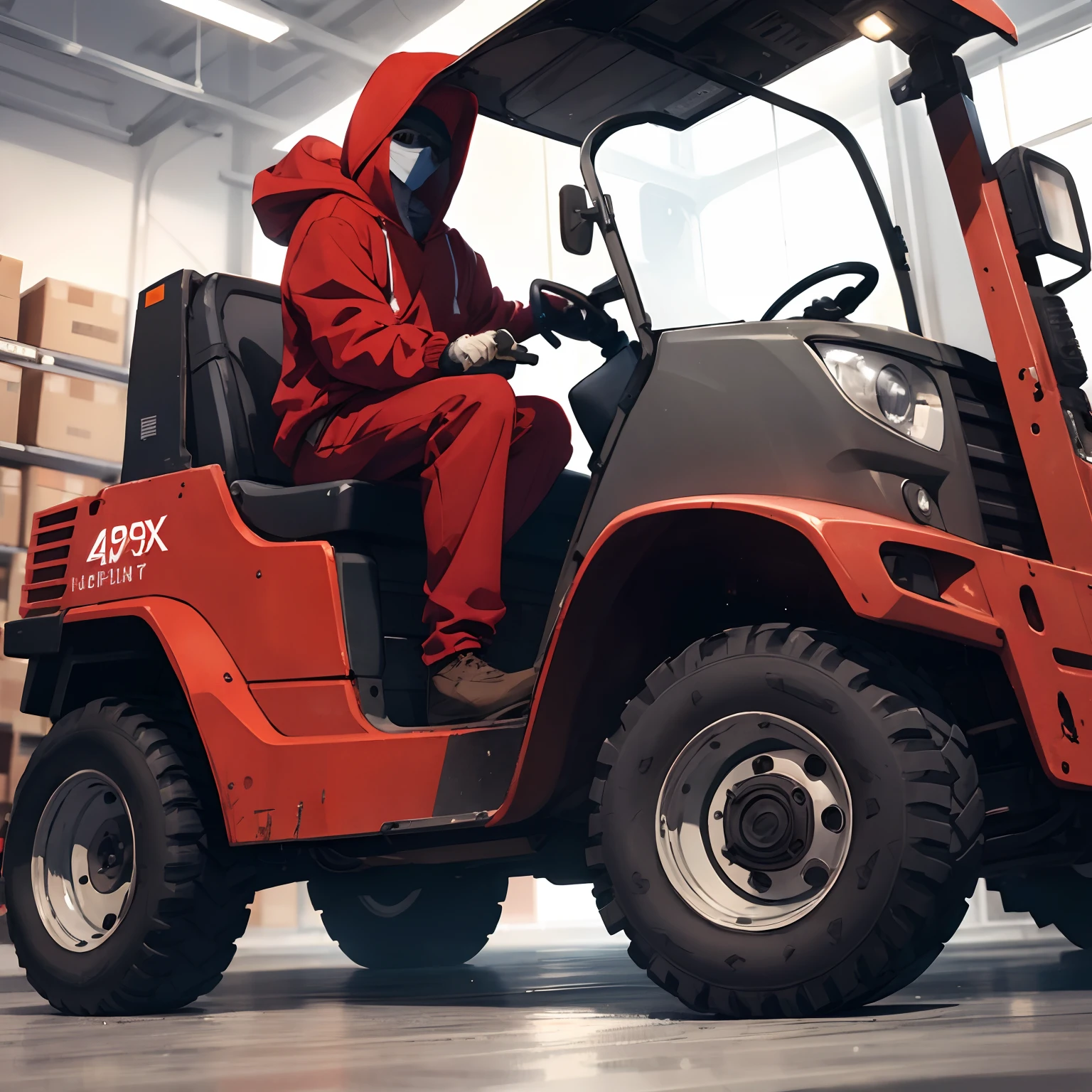 boy,Wear a red sweater with a hood..,Drive a forklift