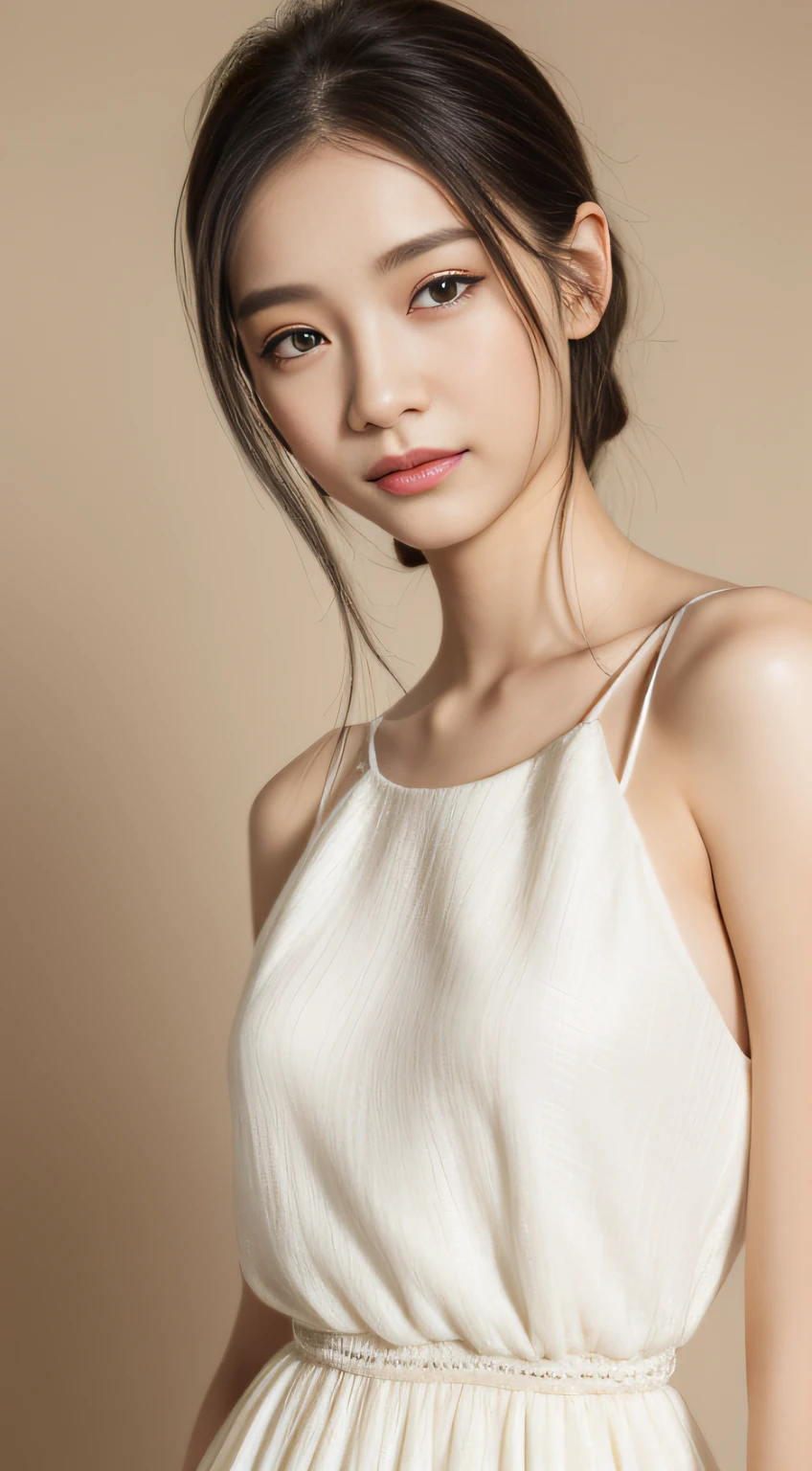 goddes,perfect bodies,The upper part of the body,photography mode,Fabric sofa,Wear a tight slip dress,tiered dress,white dresses,Elegant and fluent dress,The skirt has a flowing feel,Silk material,Ball head,Detailed skin texture and cloth texture,Detailed eye texture,largeeyes,Detailed eyeballs,long eyelasher,Detailed eyelashes close-up,二重まぶた,Light smile,8k、Highest image quality、tmasterpiece、超高分辨率:1.2, soft fabrics,Elegant style,soft fabrics,Detailed fabric texture,shift dresses,Fluent dress