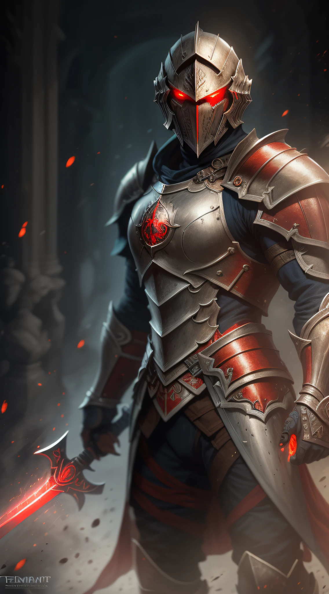 ((masterpiece)), ((best quality)), (ultra detailed), ((extremely detailed)), 1Man, ((red eyes)), (eyes emitting a deep red glow), wearing Templar knight armor , extremely robust, very well detailed armor, full body, very large sword