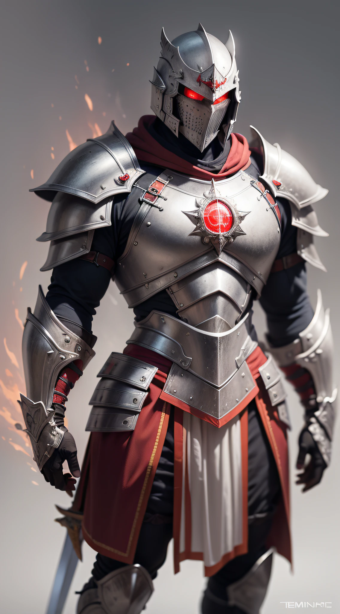 ((masterpiece)), ((best quality)), (ultra detailed), ((extremely detailed)), 1Man, ((red eyes)), (eyes emitting a deep red glow), wearing Templar knight armor , extremely robust, very well detailed armor, full body, very large sword