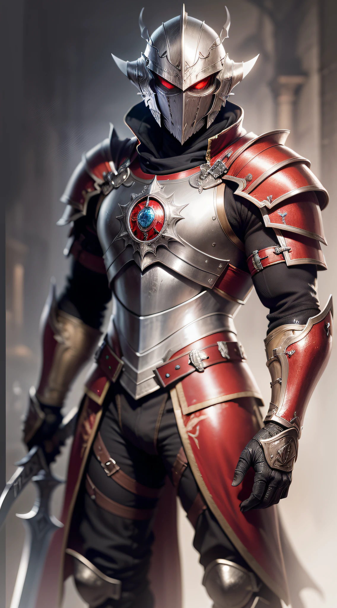 ((masterpiece)), ((best quality)), (ultra detailed), ((extremely detailed)), 1Man, ((red eyes)), (eyes emitting a deep red glow), wearing Templar knight armor , extremely robust, very well detailed armor, full body, very large sword