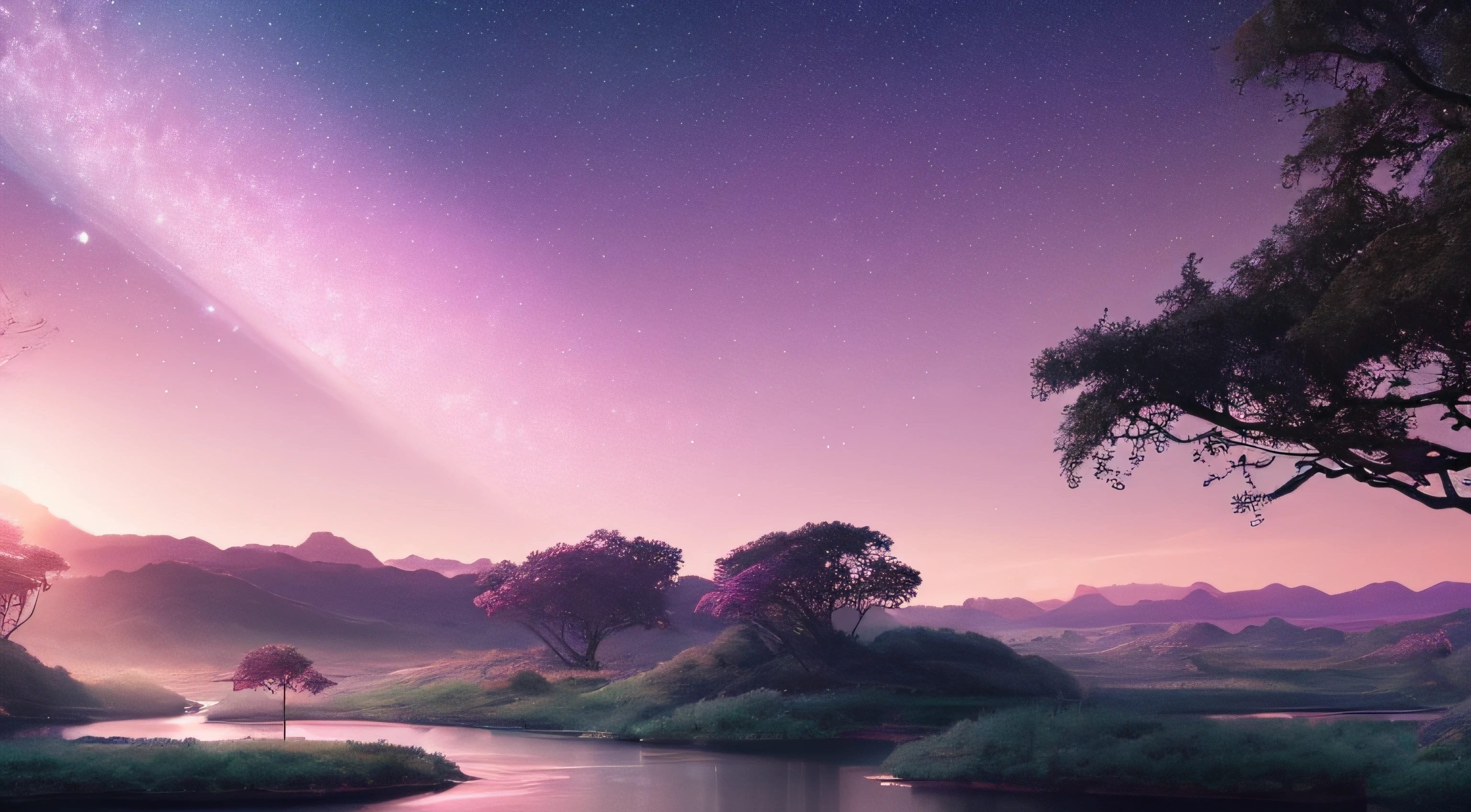 Illustration of a hyperrealistic , otherworldly, ultrasky scene,very detailed and magical pink lighting,  vegetation and river around, solarpunk ,landscape, beatifull leafy with beautiful lighting and realistic proportions, as if it were a cinematic background, 8k, highest quality, masterpiece, clouds and stars in the sky.