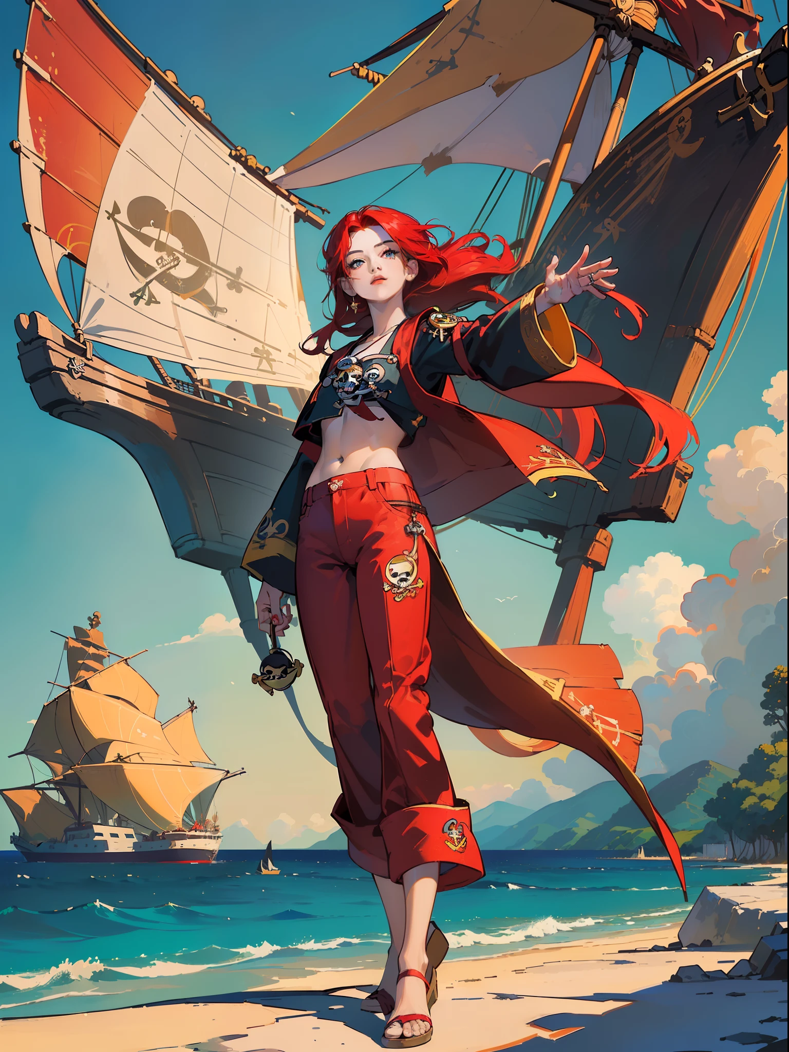 ((obra maestra)),(((mejor calidad))),, illustration, 1 chica, (((color de cabello ROJO))) (((CABELLO LARGO))), (((cabello ondulado))), (((ojos dorados))), (((ROPA PIRATA O DE COMERCIANTE RARO))) (((pantalones))) (((BLUSA DE POETA))) (((PIRATE SHIP BACKGROUND ON A BEAUTIFUL SEA COAST))) (((ambiente antiguo)))