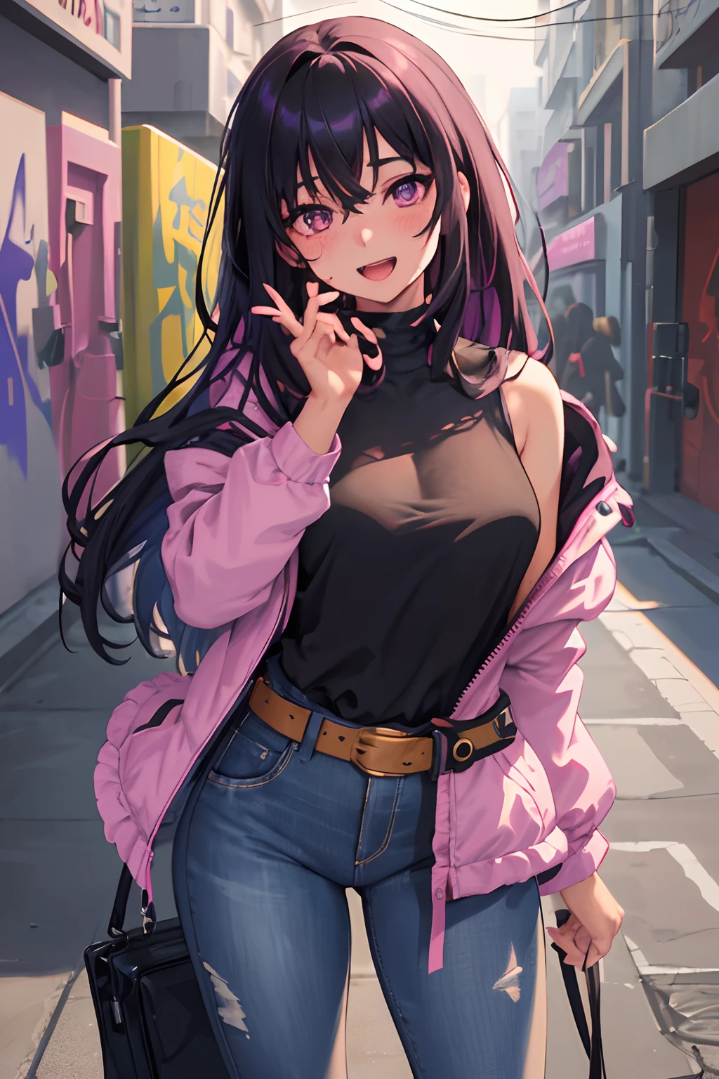 Original Character, Volumetric Lighting, Best Shadows, Shallow Depth of Field, Portrait Of Stunningly Beautiful Girl, Petite, Delicate Beautiful Attractive Face With Alluring purple Eyes, Messy Painted Face, Broadly Smiling, Open Mouth, Lovely Medium Breasts, Layered Long straight Black Hair, Blush Eyeshadow, Oversized Pop Jacket, Jeans Pants, With Buckle Belt, In The Graffiti Alley, Outdoor Unit, Standing, (Highest Quality, Amazing Details:1.25), (Solo:1.3), Brilliant Colorful Paintings