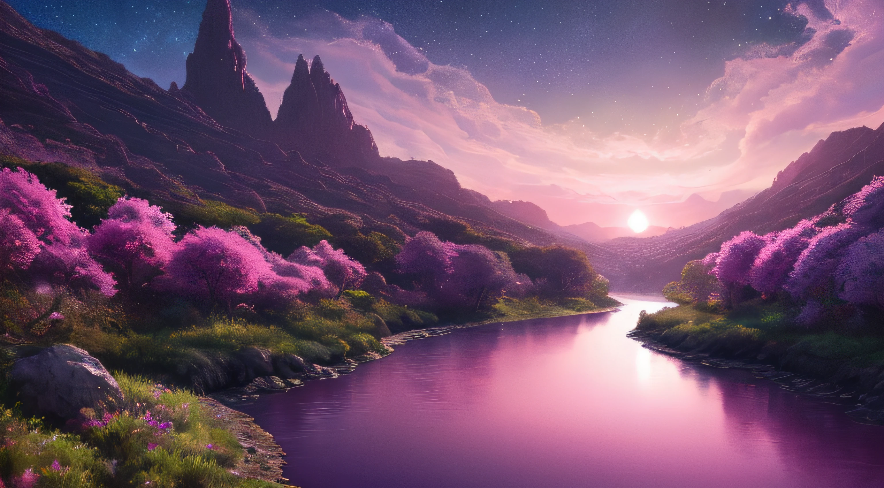 Illustration of a hyperrealistic , otherworldly, ultrasky scene,very detailed and magical pink lighting,  vegetation and river around, solarpunk ,landscape, beatifull leafy with beautiful lighting and realistic proportions, as if it were a cinematic background, 8k, highest quality, masterpiece, clouds and stars in the sky.