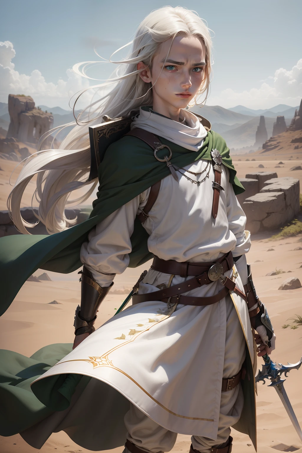 Blind teenager，whaite hair，k hd，Hold a white sword in his right hand，He holds a green sword in his left hand，Carrying a heavy sword on his back，White clothes，blue-sky，high qulity，Dark brown earth，Forehead hanging