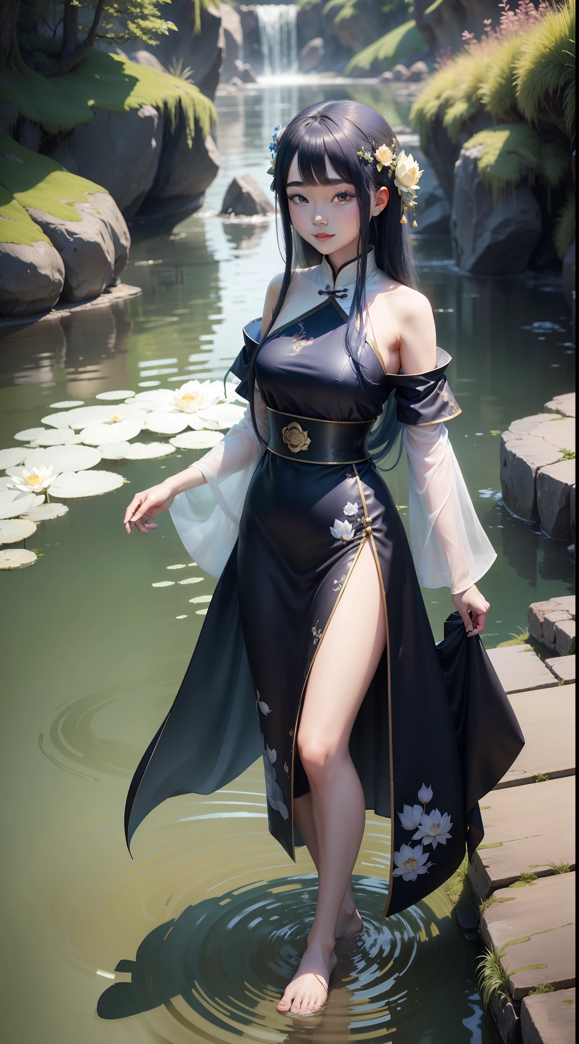 ((4k,masterpiece,best quality)), shuimobysim, traditional chinese ink painting, lotus, hanfu, maxiskit, dress conservatively 1girl, solo, long blue hair, smile, standing, feet in the water, barefoot,