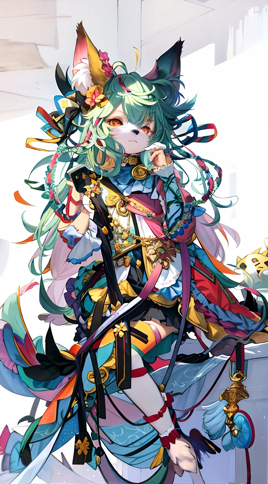 Cute cat, high quality colorful sketch, A high resolution,A favorite art style, style of anime, Fine art style, A high resolution,Detailed fanart, very very beautiful furry art, full resolution, Harmony PFP, Artistically, style of anime, an anthro cat, A high resolution,romanticism lain,Pubic area is clear,High-quality masterpieces,background bedroom,Pink bed,Exercise sitting