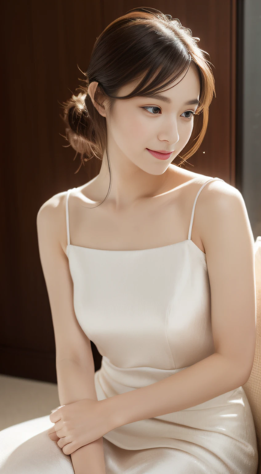 goddes,perfect bodies,The upper part of the body,photography mode,Fabric sofa,Wear a tight slip dress,tiered dress,white dresses,Elegant and fluent dress,The skirt has a flowing feel,Silk material,Ball head,Detailed skin texture and cloth texture,Detailed eye texture,largeeyes,Detailed eyeballs,long eyelasher,Detailed eyelashes close-up,二重まぶた,Light smile,8k、Highest image quality、tmasterpiece、超高分辨率:1.2, soft fabrics,Elegant style,soft fabrics,Detailed fabric texture,shift dresses,Fluent dress
