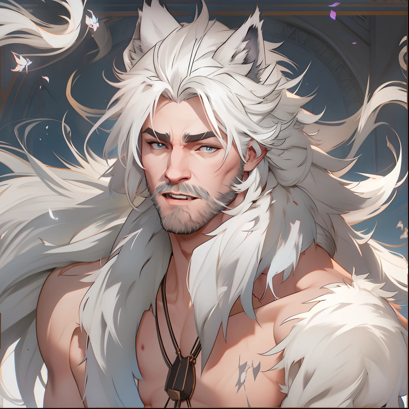 Male with light beard, flowing white hair, has wolf ears, has wolf tail, shirtless, happy, playful, solo, alone,