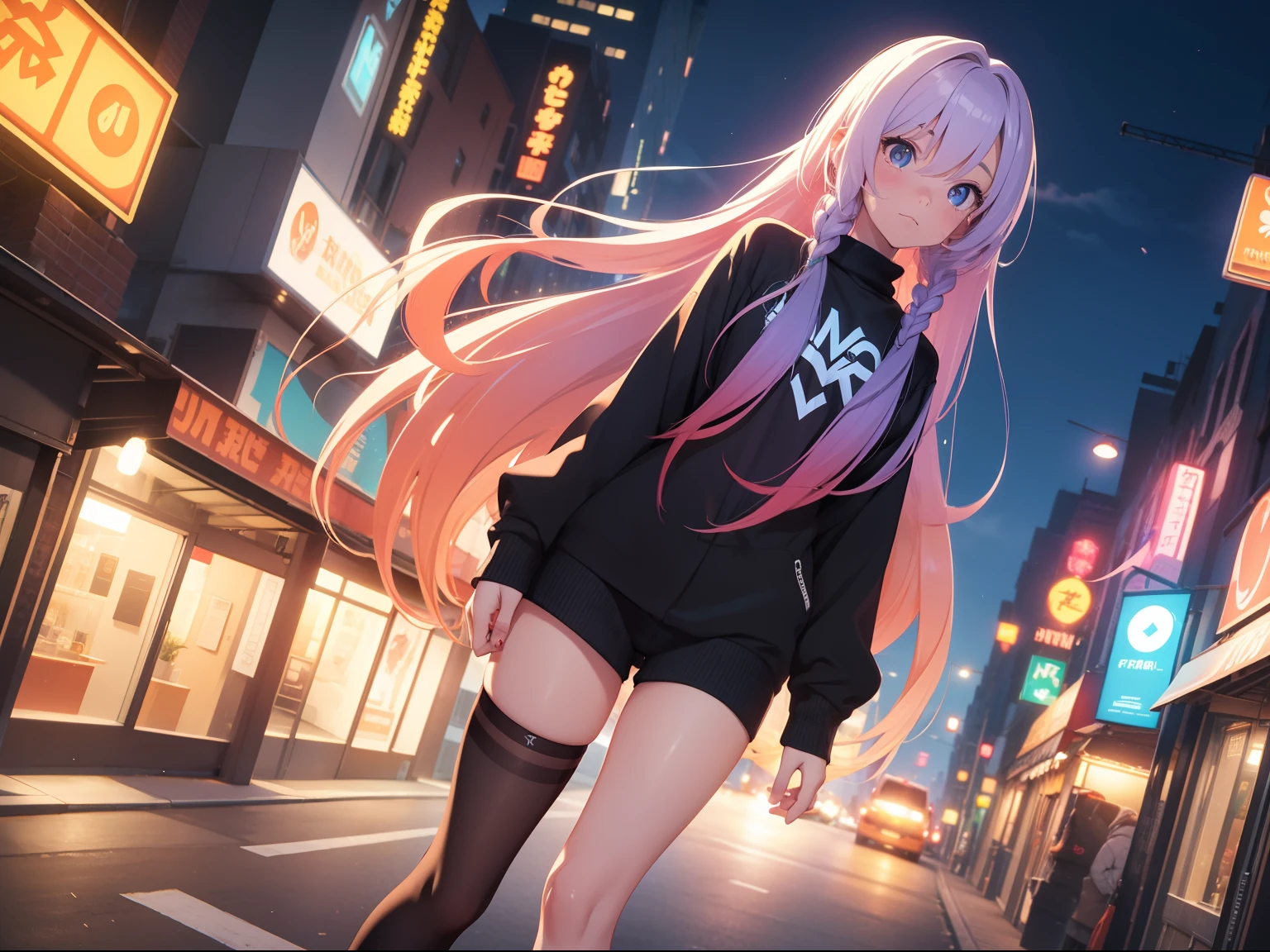 NY, (gradient hair, dutch angle:1.3), film grain, chromatic aberration, city, masterpiece, best quality, raw photo, photorealistic, absurdres, 1girl, cute, perspective, cowboy shot, highres, ultra detailed, detailed eyes and face, sharp pupils, realistic pupils, sharp focus, summer, night, detailed full figure, beautiful socks, Socks above the knees, chance meeting, runaway from home