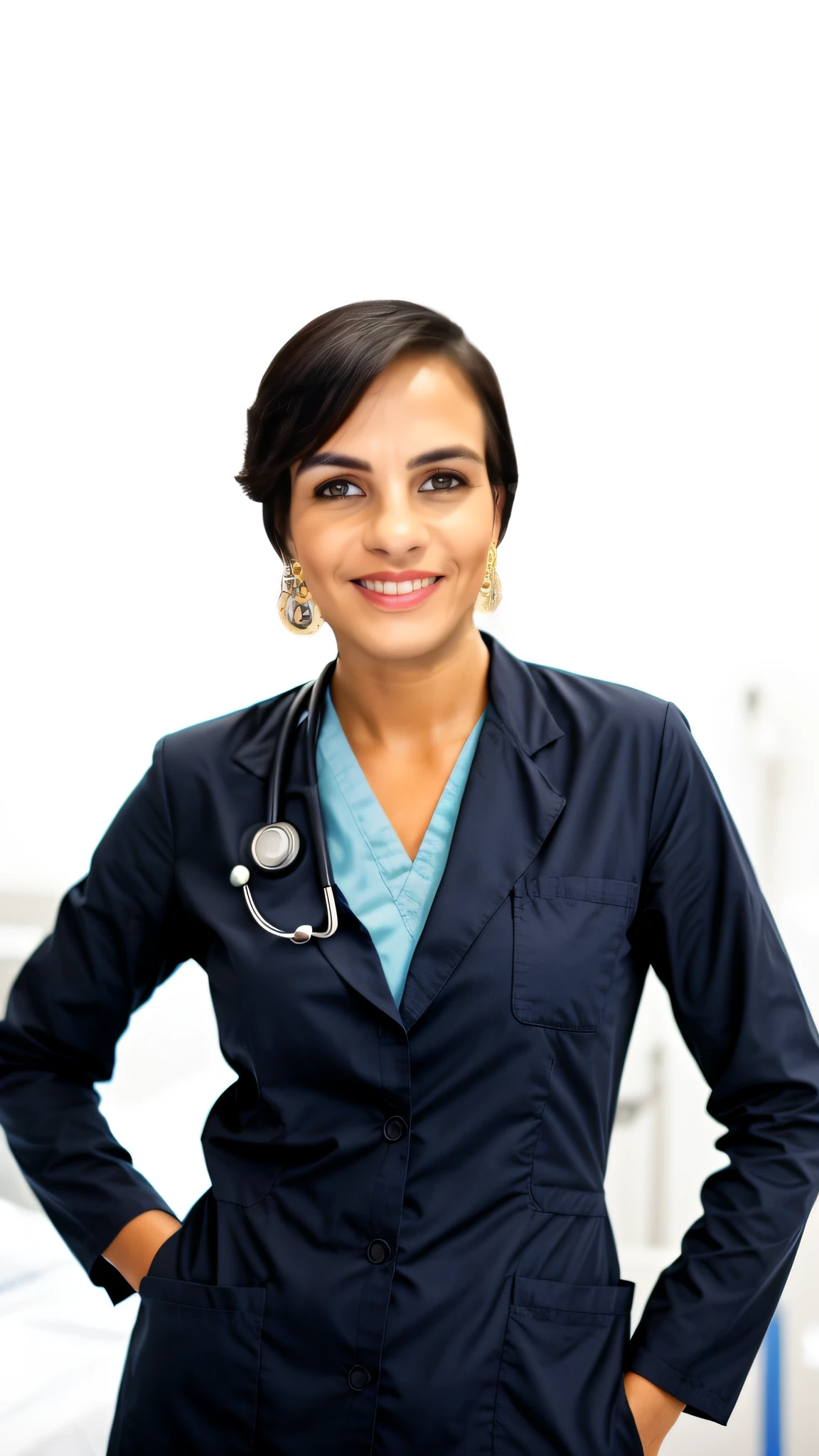 smiling doctor, attentive and who is in a hospital room where several people are waiting to speak to her.