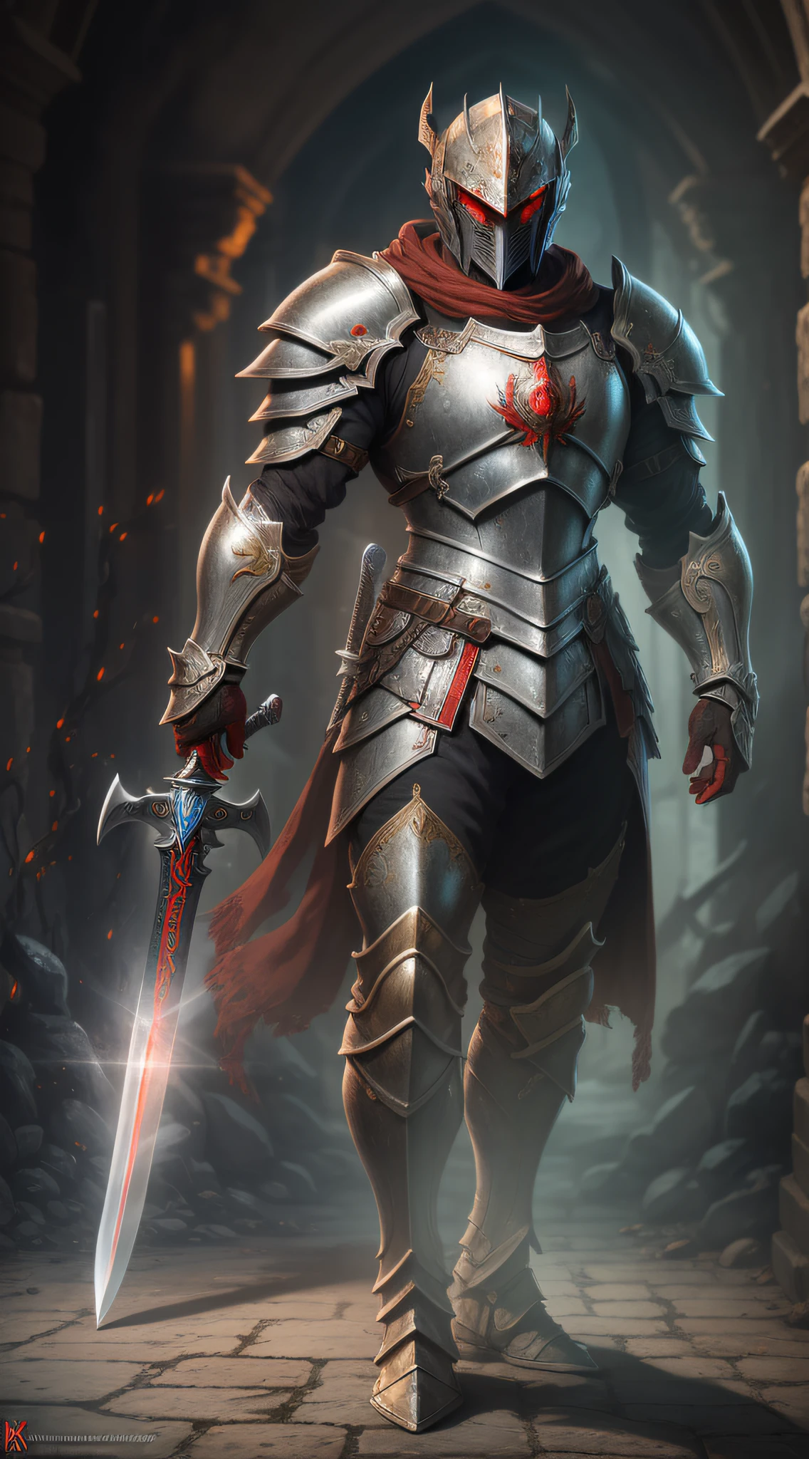 ((masterpiece)), ((best quality)), (ultra detailed), ((extremely detailed)), 1Man, ((red eyes)), (eyes emitting a deep red glow), wearing Templar knight armor , detailed in shiny silver and gold, extremely robust, very well detailed armor, full body, very large sword