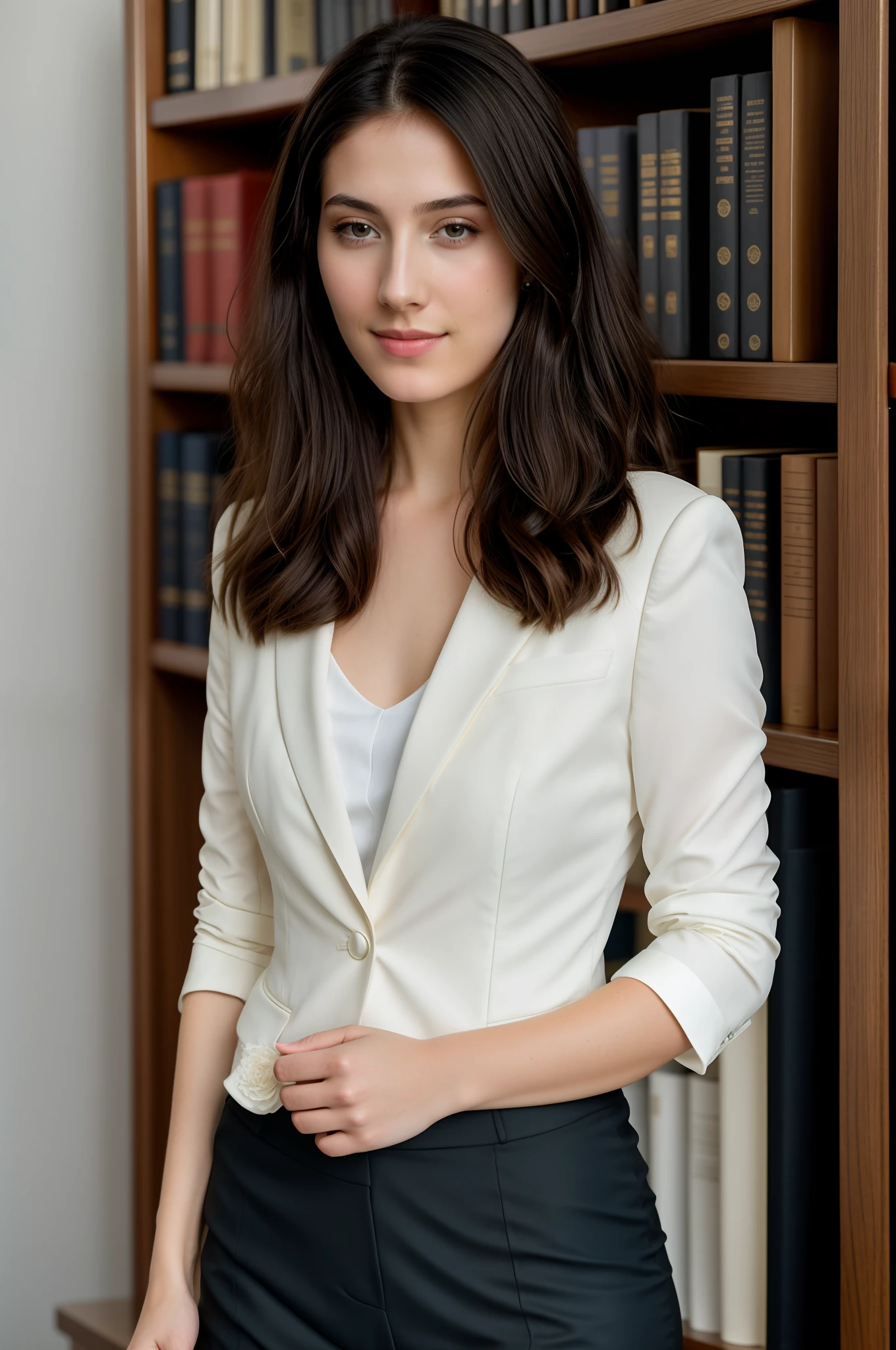 RAW photo, a close up portrait photo of a pretty girl, luxury black suit, long haircut, pale skin, slim body, library scene, (high detailed skin:1.2), 8k uhd, dslr, soft lighting, high quality, film grain, Fujifilm XT3, full focus background