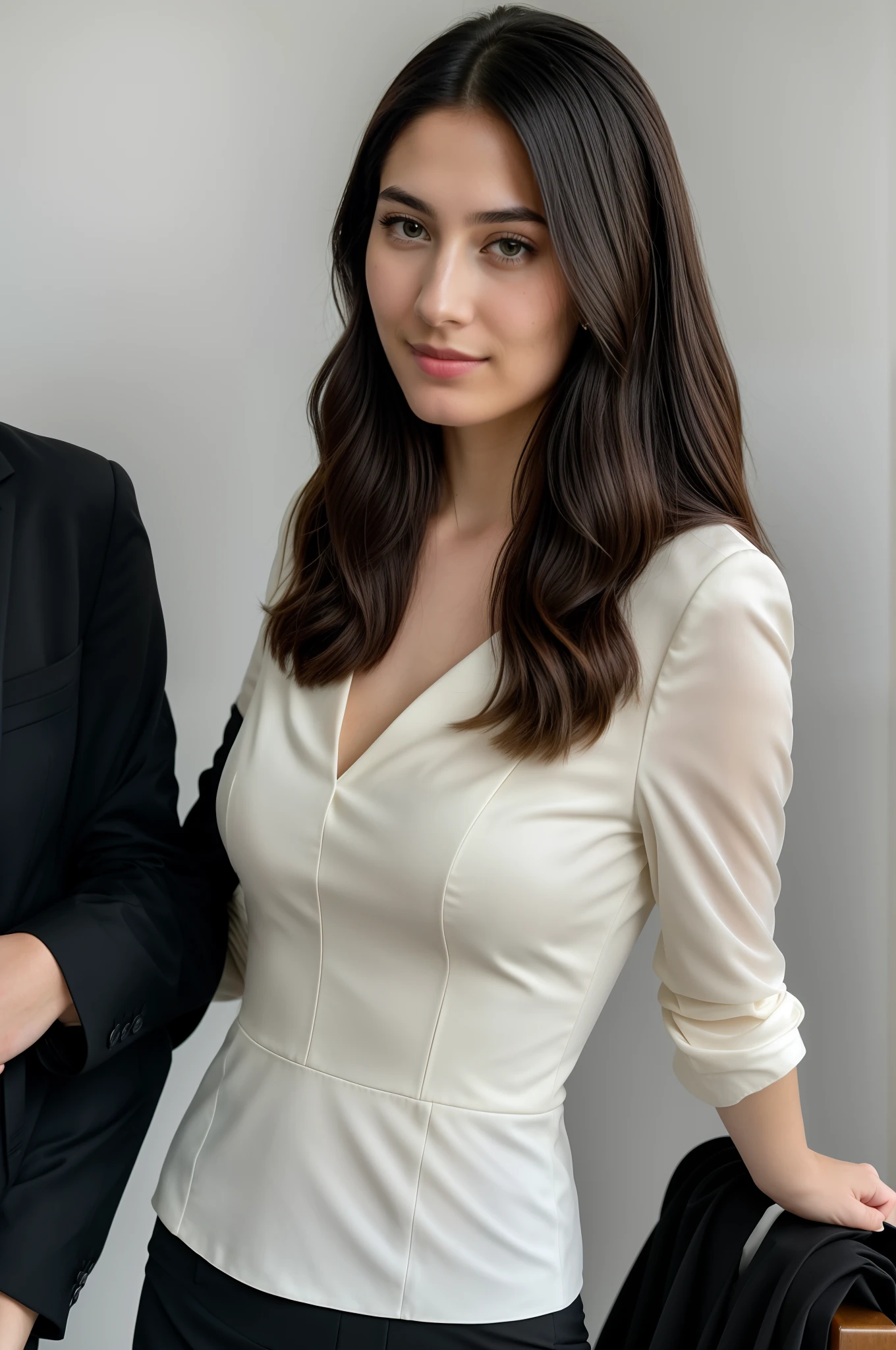 RAW photo, a close up portrait photo of a pretty girl, luxury black suit, long haircut, pale skin, slim body, library scene, (high detailed skin:1.2), 8k uhd, dslr, soft lighting, high quality, film grain, Fujifilm XT3, full focus background
