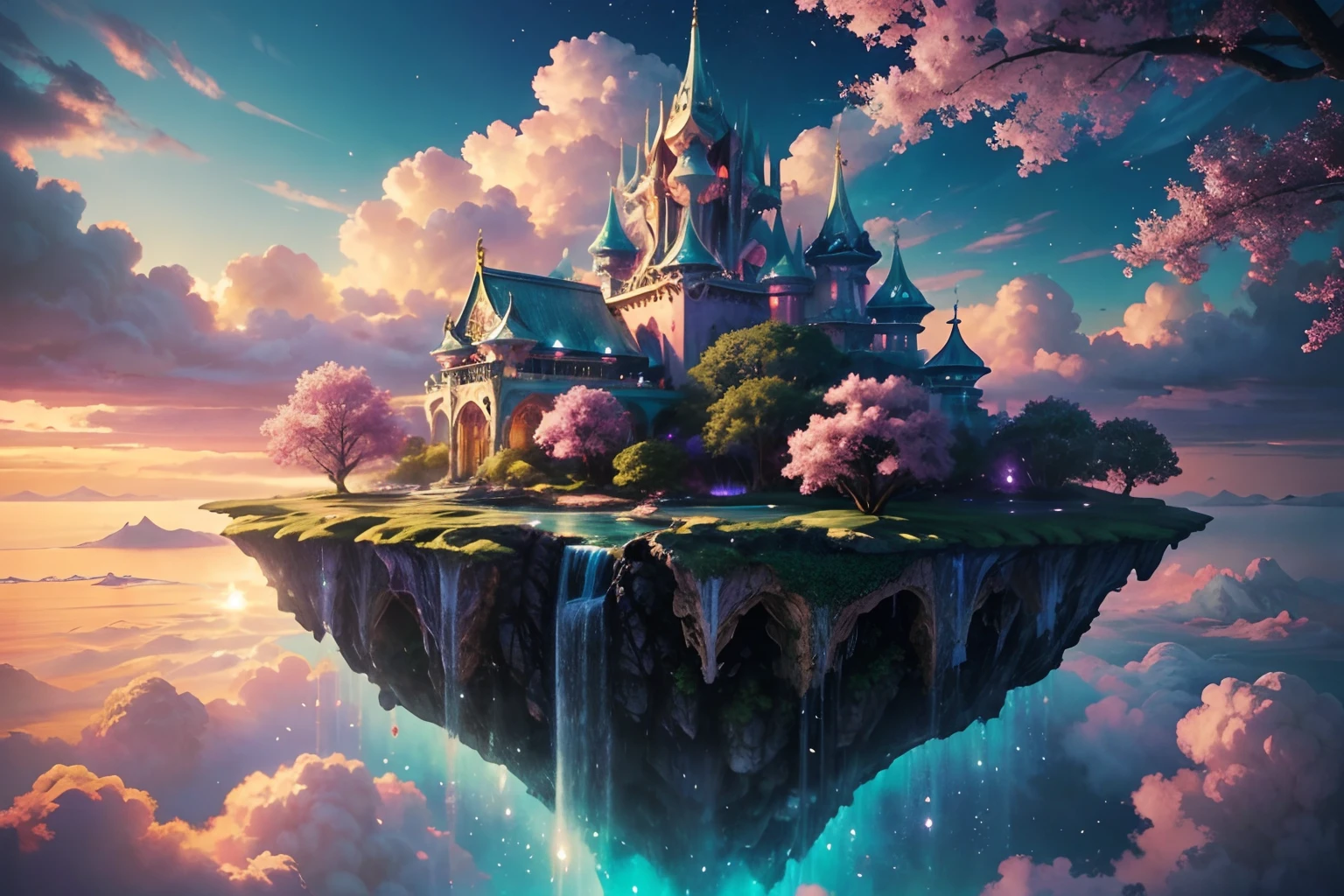 Envision a mesmerizing scene of a magnificent realm of romantic dreams. The environment is filled with intricate floating islands, fluffy clouds, waterfalls cascading from the floating islands, and a vibrant, surreal atmosphere. The atmosphere is filled with a sense of wonder and tranquility. Include many shades of vibrant jewel-toned hues. This scene will be depicted in an anime-style illustration, with soft lines, pastel colors, and a whimsical touch. All buildings are extremely detailed and elegant. The artwork will capture the ethereal beauty and tranquility of the dreamlike realm, creating a sense of harmony and escape from the ordinary world. Include teal water, colorful watercolor skies, glowing elements, and many small fantasy details including iridescence, expertly created majestic landscapes, and shimmer and glimmer. Above all else, this should look like a fantasy artwork. Include lots of vibrant color and vaguely surreal details.