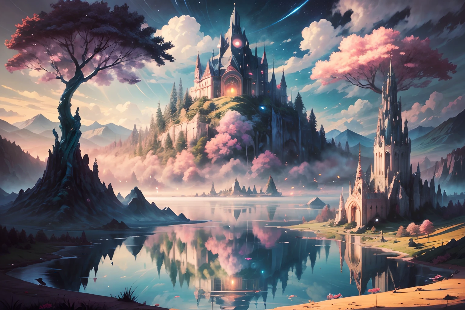 Envision a mesmerizing scene of a magnificent realm of romantic dreams. The environment is filled with intricate floating islands, fluffy clouds, waterfalls cascading from the floating islands, and a vibrant, surreal atmosphere. The atmosphere is filled with a sense of wonder and tranquility. Include many shades of pink in the image along with other vibrant jewel-toned hues. This scene will be depicted in an anime-style illustration, with soft lines, pastel colors, and a whimsical touch. All buildings are extremely detailed and elegant. The artwork will capture the ethereal beauty and tranquility of the dreamlike realm, creating a sense of harmony and escape from the ordinary world. Include teal water, colorful watercolor skies, glowing elements, and many small fantasy details including iridescence, expertly created majestic landscapes, and shimmer and glimmer. Above all else, this should look like a fantasy artwork.