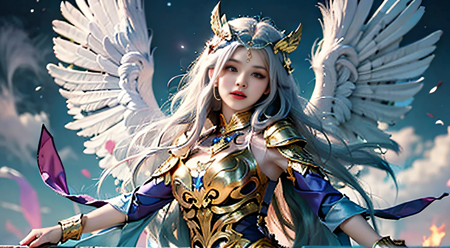 Close-up of a woman in a costume with wings，mystical atlantean valkyrie，Angelic golden armor，Angel knight girl with great detail，Mysterious Valkyrie，Beautiful fantasy queen full of European comic book style