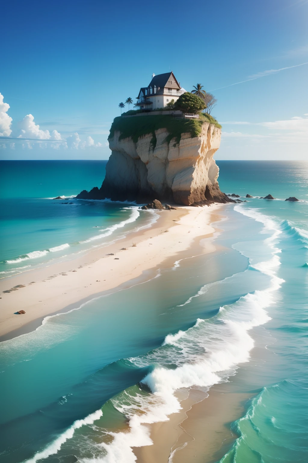 Uma imagem de uma praia isolarada, agua cristalina, areia limpa, High Definition Image, Isolated sky with clouds in the background